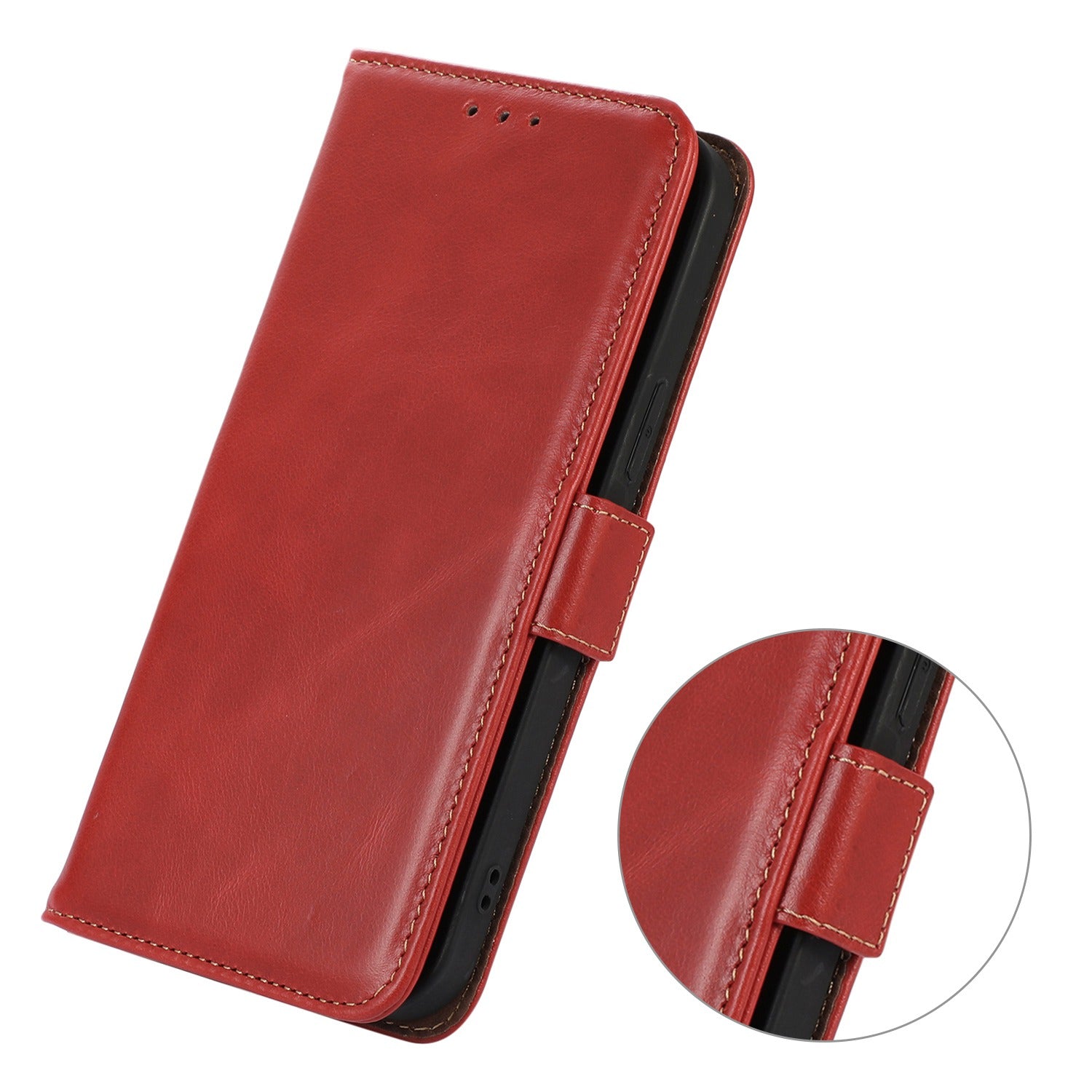 For iPhone 16 Case RFID Blocking Genuine Cow Leather Purse Flip Cover Crazy Horse Texture - Red