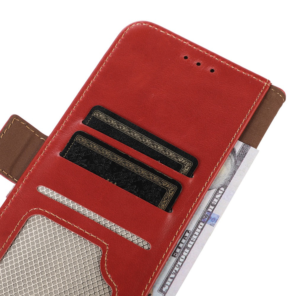 For iPhone 16 Case RFID Blocking Genuine Cow Leather Purse Flip Cover Crazy Horse Texture - Red