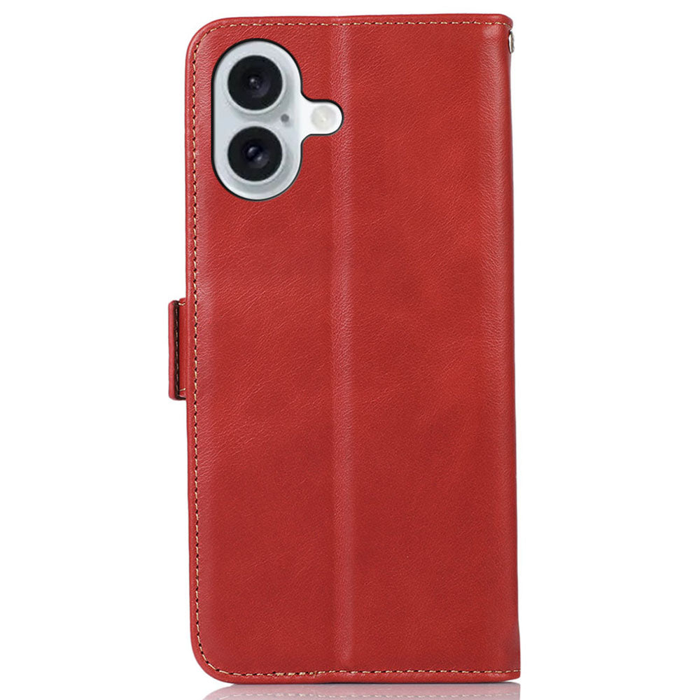 For iPhone 16 Case RFID Blocking Genuine Cow Leather Purse Flip Cover Crazy Horse Texture - Red