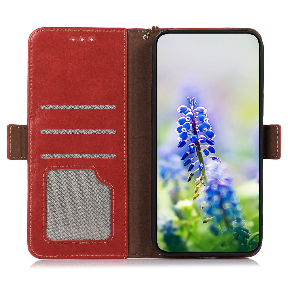 For iPhone 16 Plus Case Genuine Cow Leather Phone Cover with Card Holder RFID Blocking - Red