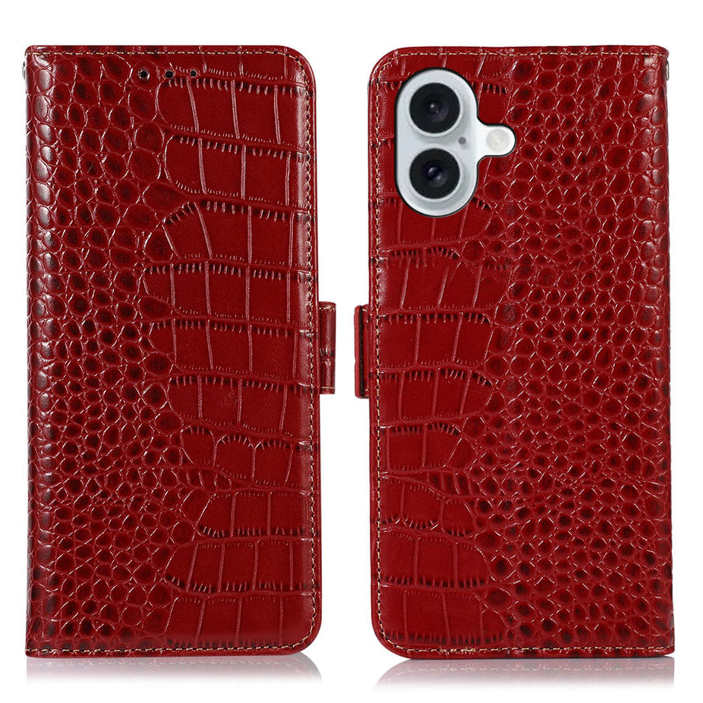 For iPhone 16 Case Genuine Cow Leather RFID Blocking Wallet Flip Phone Cover - Red