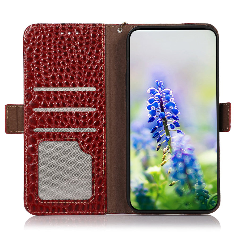 For iPhone 16 Case Genuine Cow Leather RFID Blocking Wallet Flip Phone Cover - Red