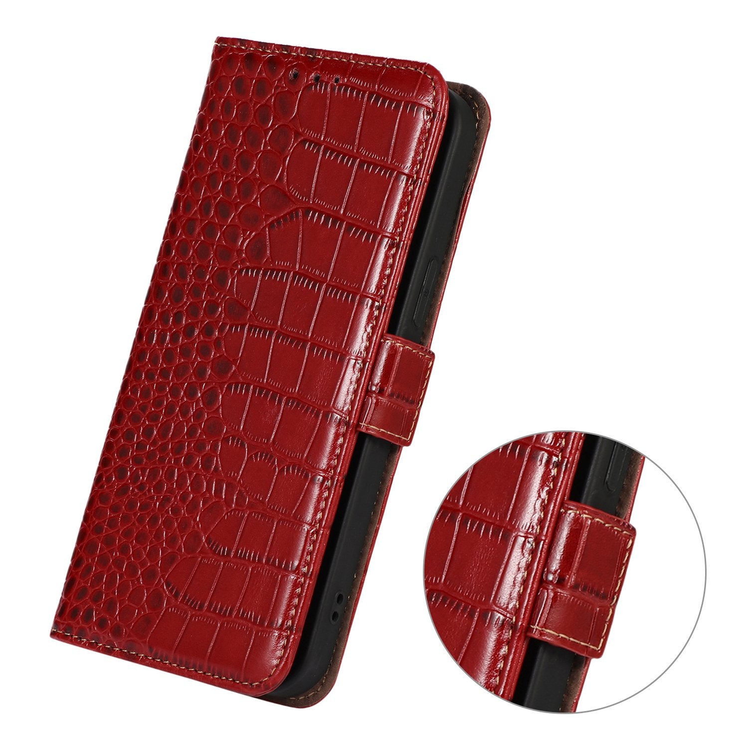 For iPhone 16 Case Genuine Cow Leather RFID Blocking Wallet Flip Phone Cover - Red