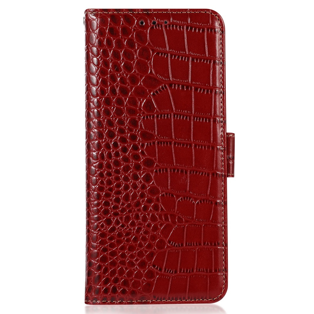 For iPhone 16 Case Genuine Cow Leather RFID Blocking Wallet Flip Phone Cover - Red