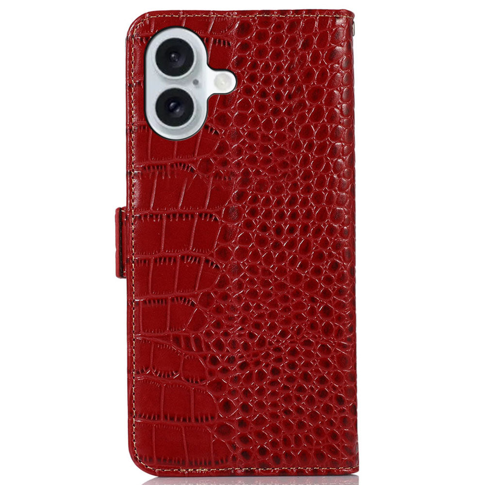 For iPhone 16 Case Genuine Cow Leather RFID Blocking Wallet Flip Phone Cover - Red