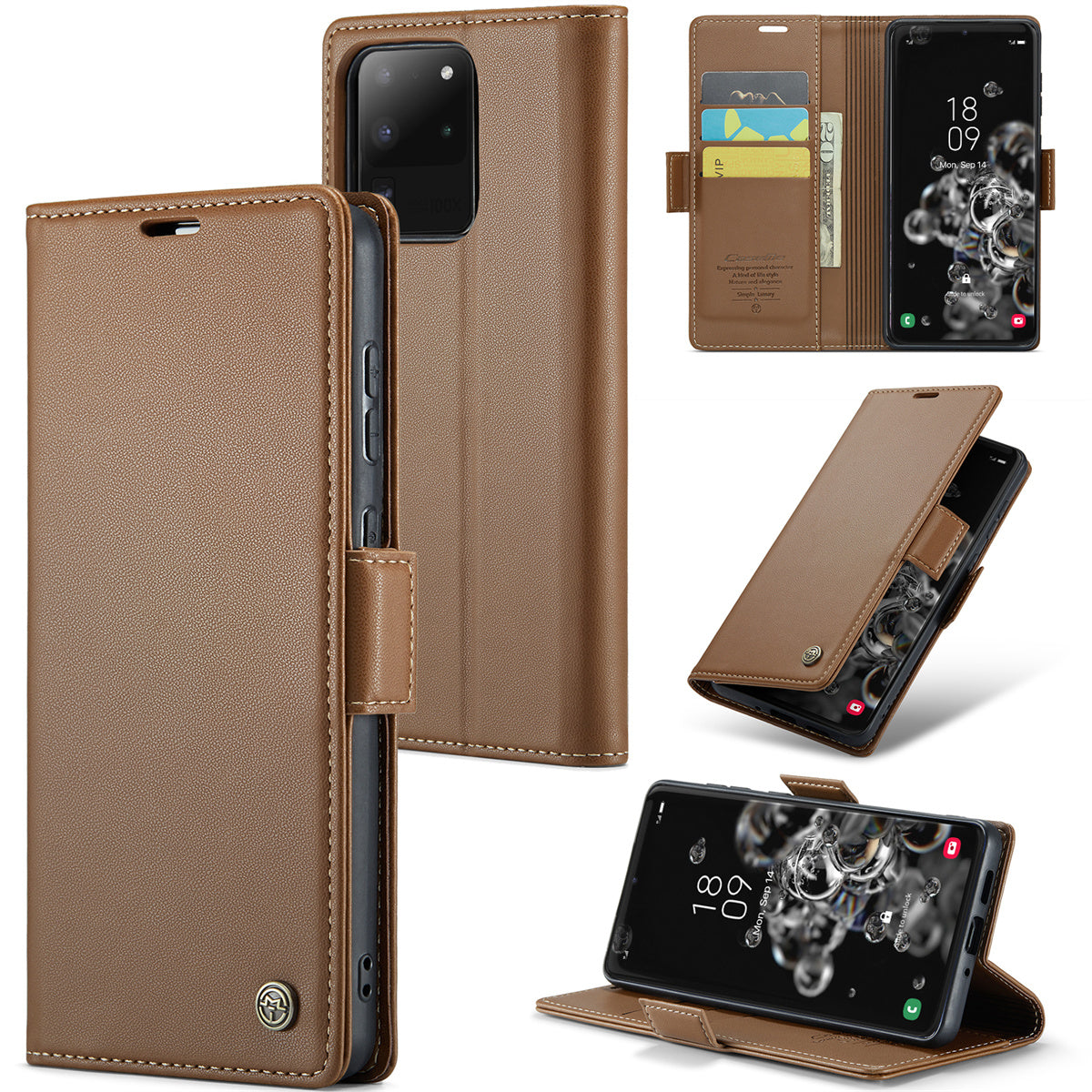 CASEME 023 Series For Samsung Galaxy S20 Ultra Case Wallet RFID Blocking Leather Phone Cover - Brown