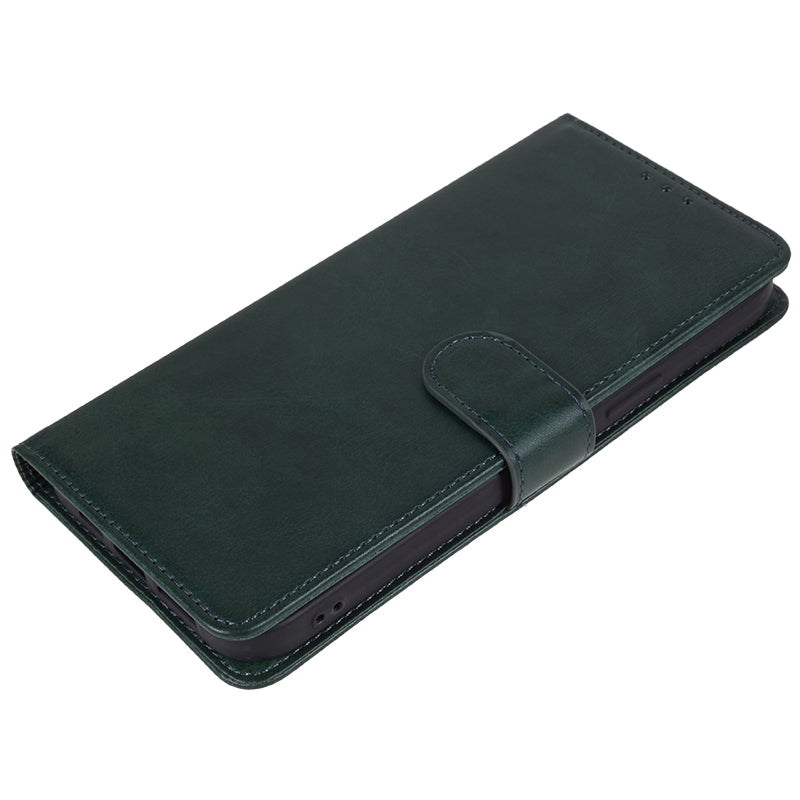 For iPhone 16 Pro Max Case Calf Texture Leather Phone Cover Side Magnetic Clasp - Midnight Green