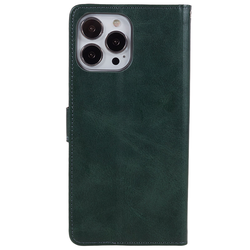 For iPhone 16 Pro Max Case Calf Texture Leather Phone Cover Side Magnetic Clasp - Midnight Green