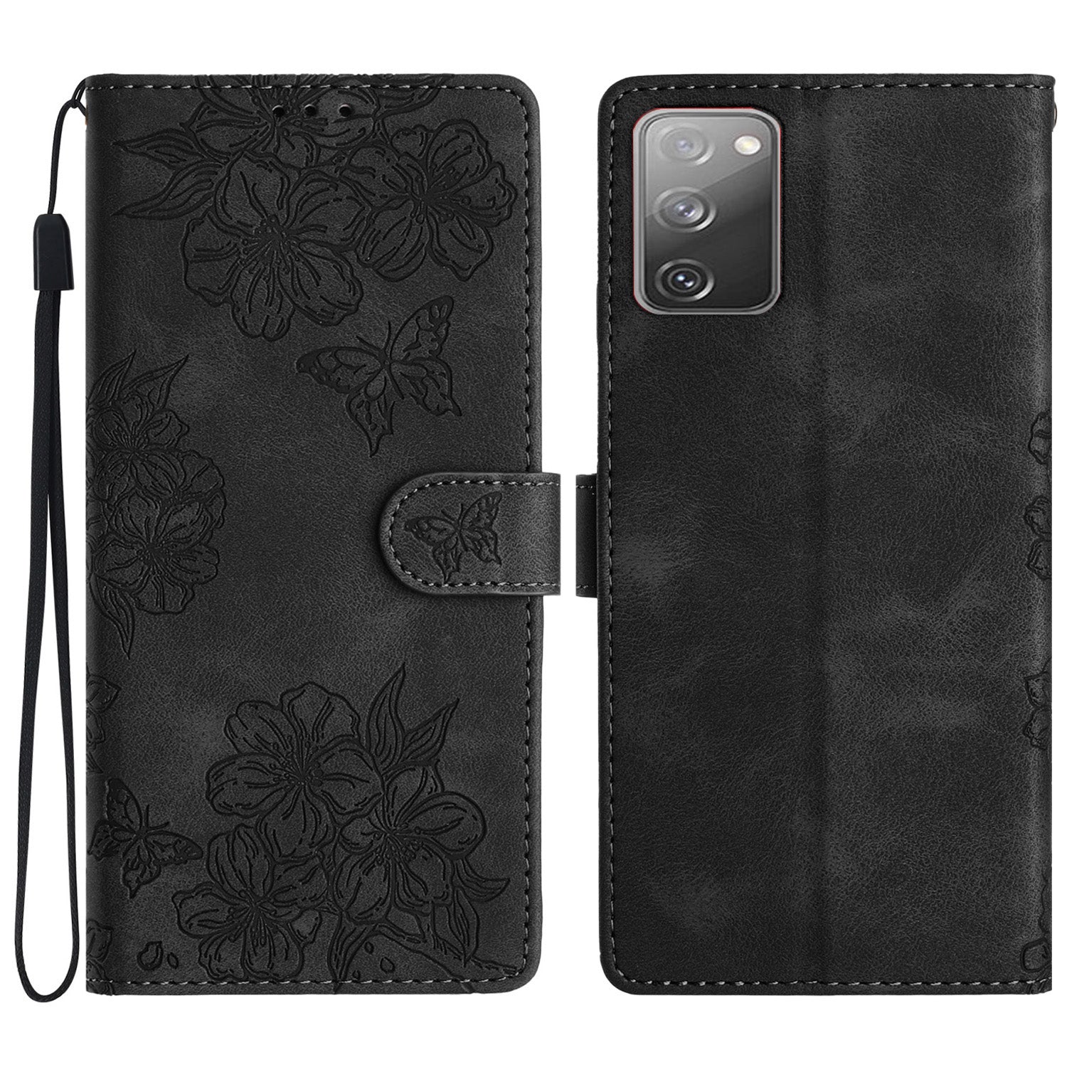 For Samsung Galaxy S20 FE / S20 FE 5G / S20 FE 2022 / S20 Lite Case Sakura Butterfly Imprint Leather Wallet Phone Cover - Black