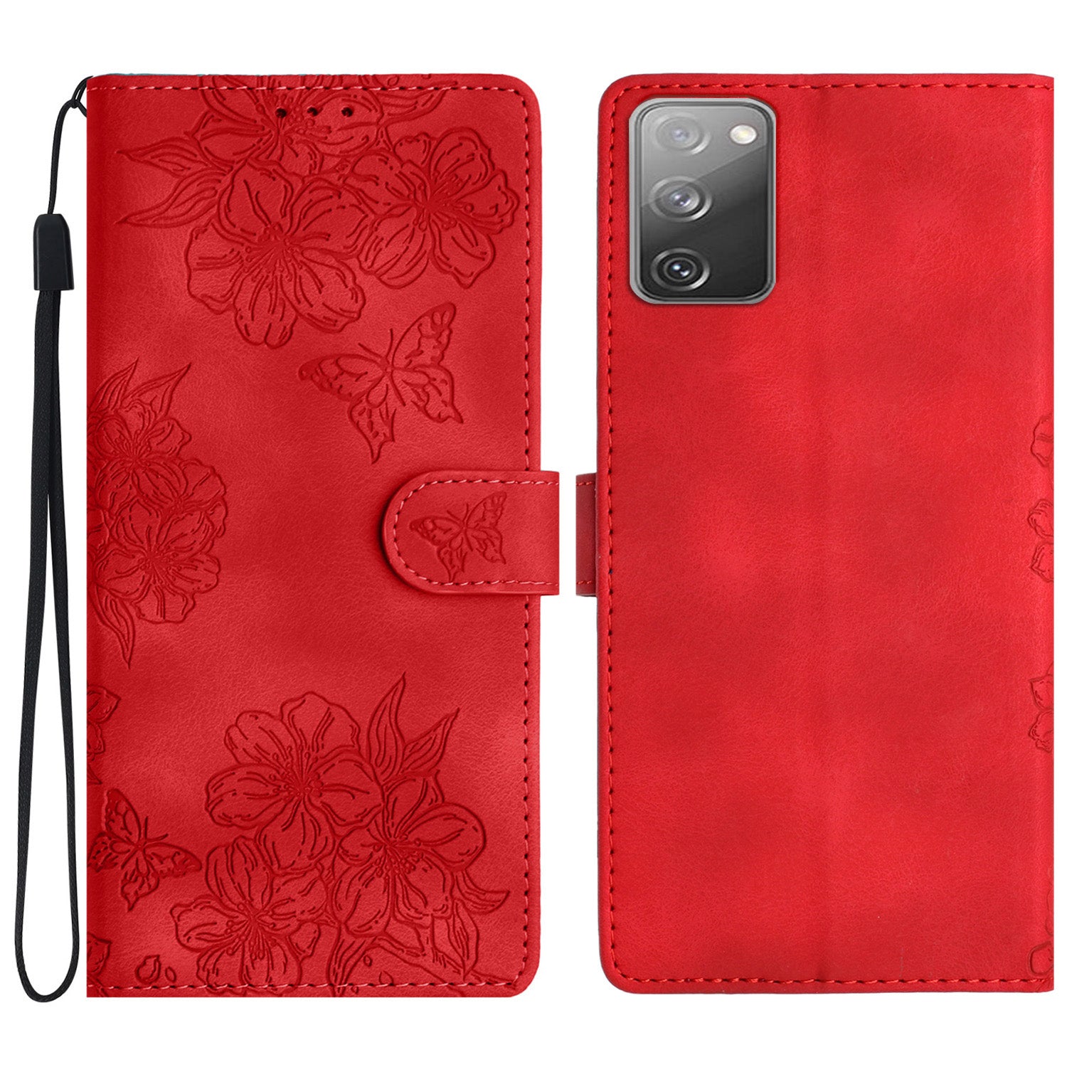 For Samsung Galaxy S20 FE / S20 FE 5G / S20 FE 2022 / S20 Lite Case Sakura Butterfly Imprint Leather Wallet Phone Cover - Red