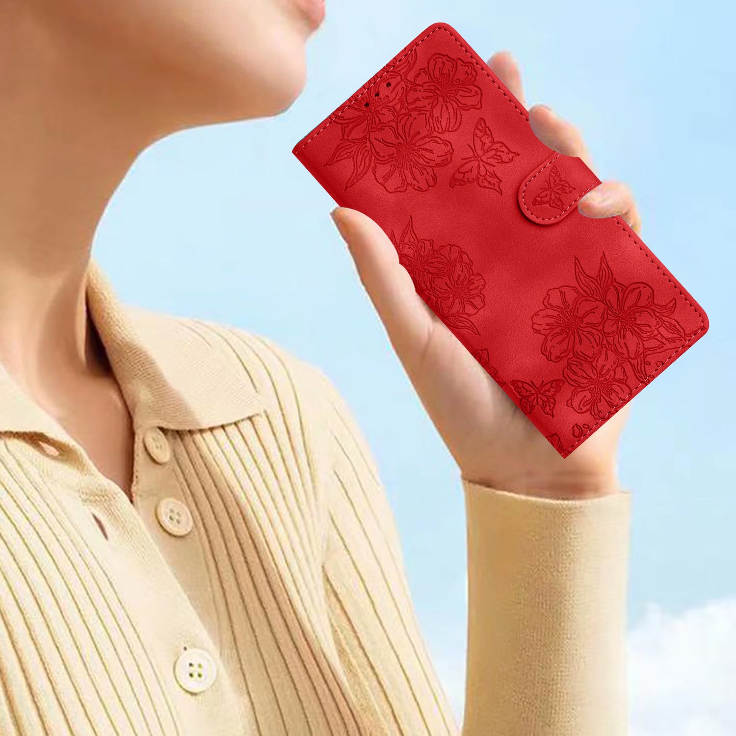 For Samsung Galaxy S20 FE / S20 FE 5G / S20 FE 2022 / S20 Lite Case Sakura Butterfly Imprint Leather Wallet Phone Cover - Red