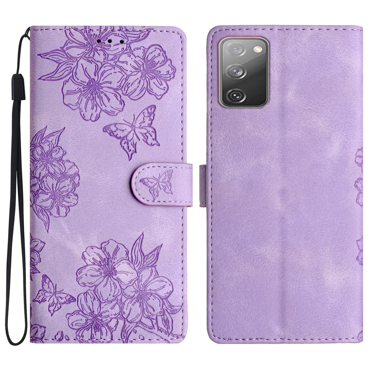 For Samsung Galaxy S20 FE / S20 FE 5G / S20 FE 2022 / S20 Lite Case Sakura Butterfly Imprint Leather Wallet Phone Cover - Purple