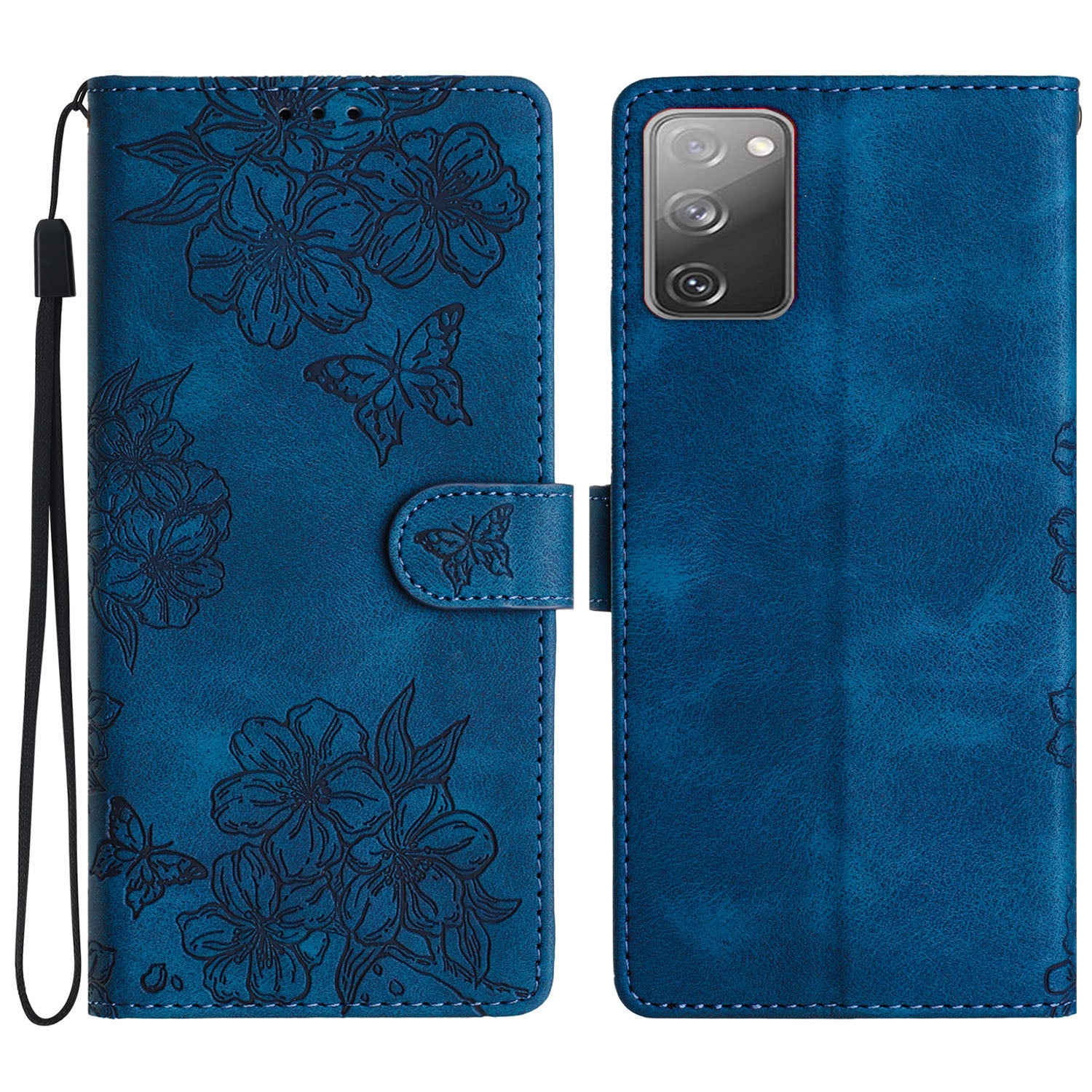 For Samsung Galaxy S20 FE / S20 FE 5G / S20 FE 2022 / S20 Lite Case Sakura Butterfly Imprint Leather Wallet Phone Cover - Blue