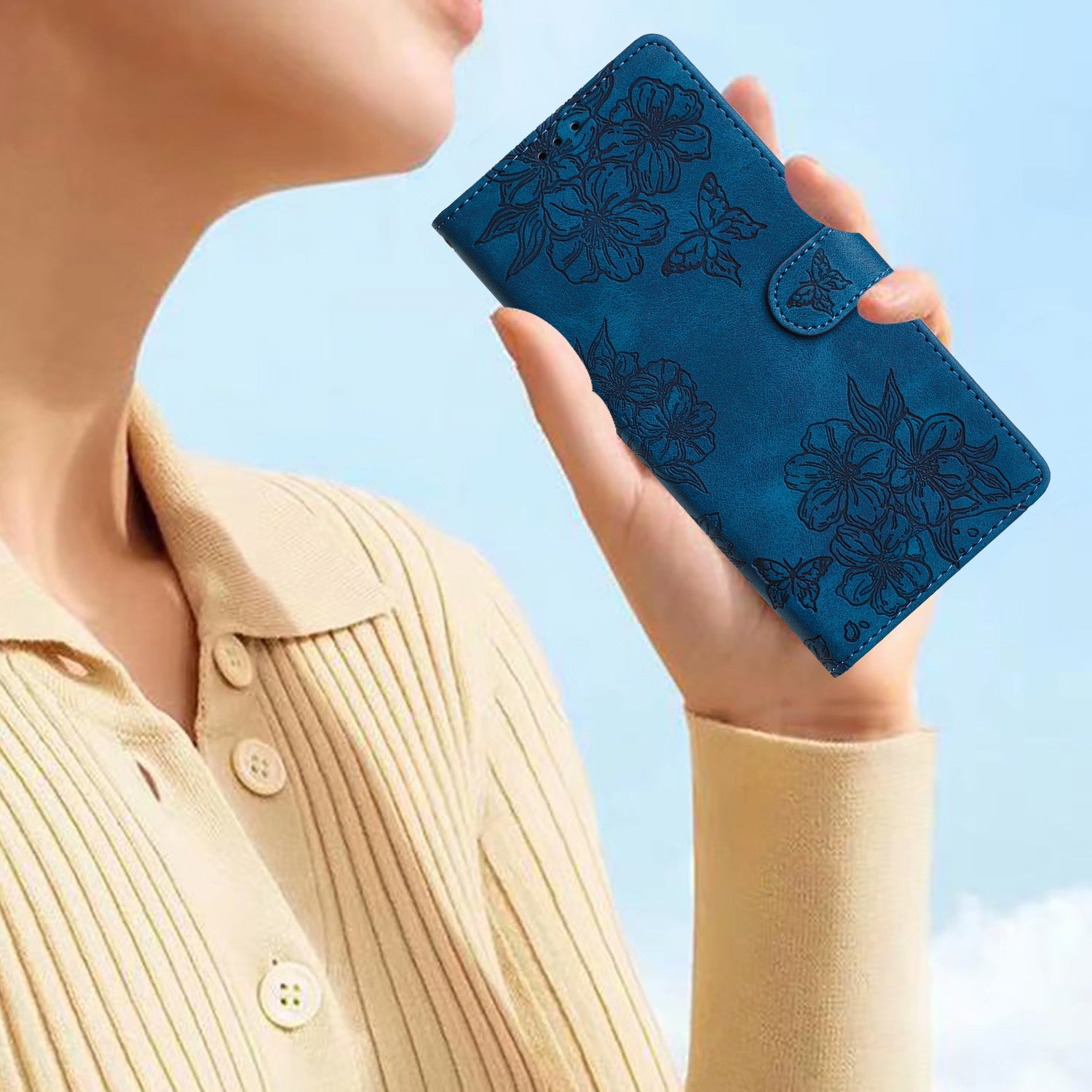 For Samsung Galaxy S20 FE / S20 FE 5G / S20 FE 2022 / S20 Lite Case Sakura Butterfly Imprint Leather Wallet Phone Cover - Blue