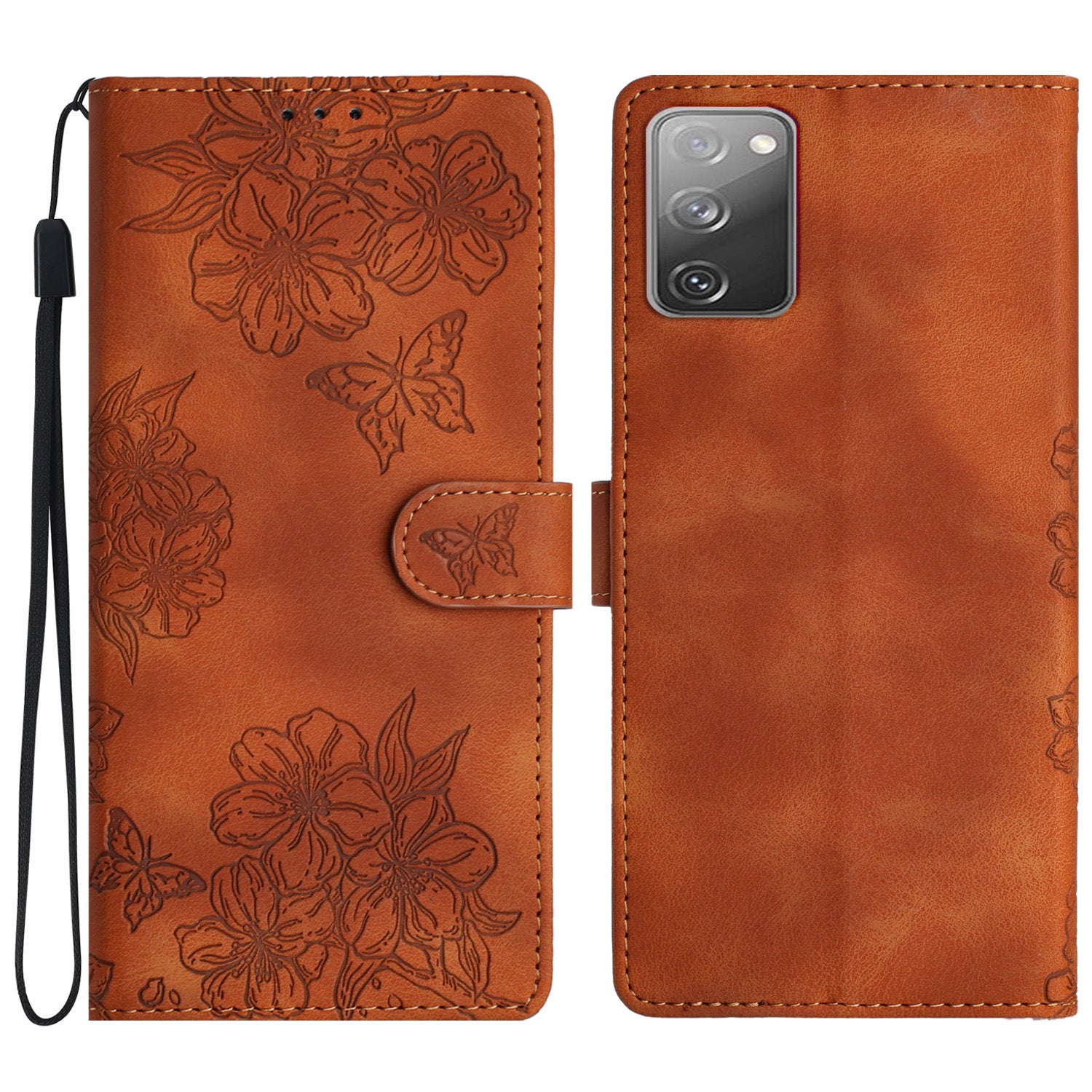 For Samsung Galaxy S20 FE / S20 FE 5G / S20 FE 2022 / S20 Lite Case Sakura Butterfly Imprint Leather Wallet Phone Cover - Brown