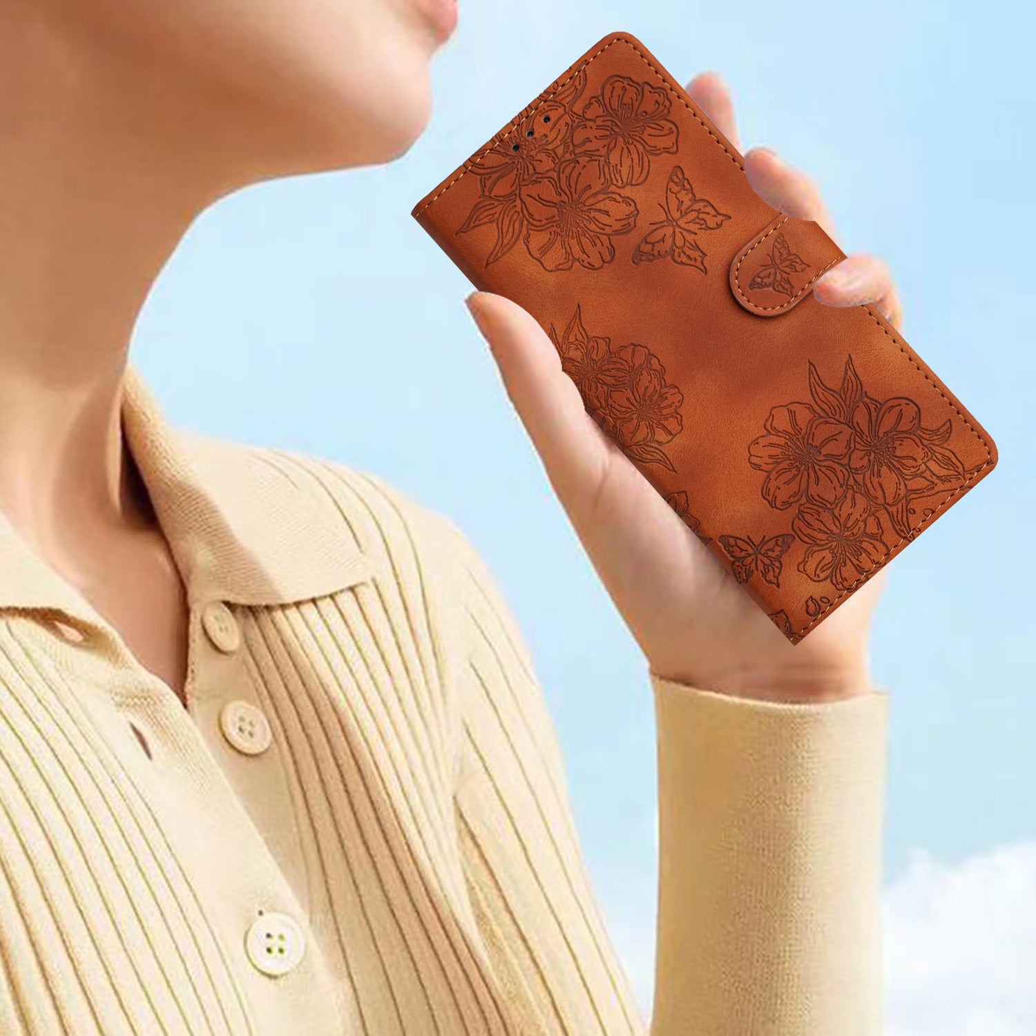 For Samsung Galaxy S20 FE / S20 FE 5G / S20 FE 2022 / S20 Lite Case Sakura Butterfly Imprint Leather Wallet Phone Cover - Brown