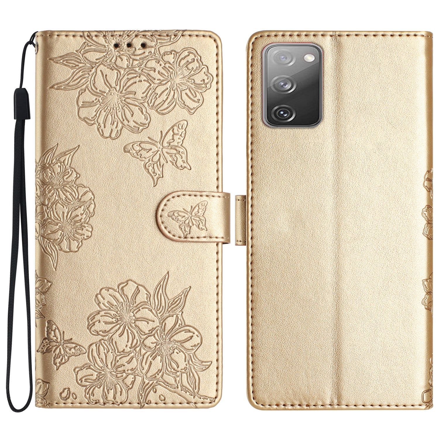 For Samsung Galaxy S20 FE / S20 FE 5G / S20 FE 2022 / S20 Lite Case Sakura Butterfly Imprint Leather Wallet Phone Cover - Gold