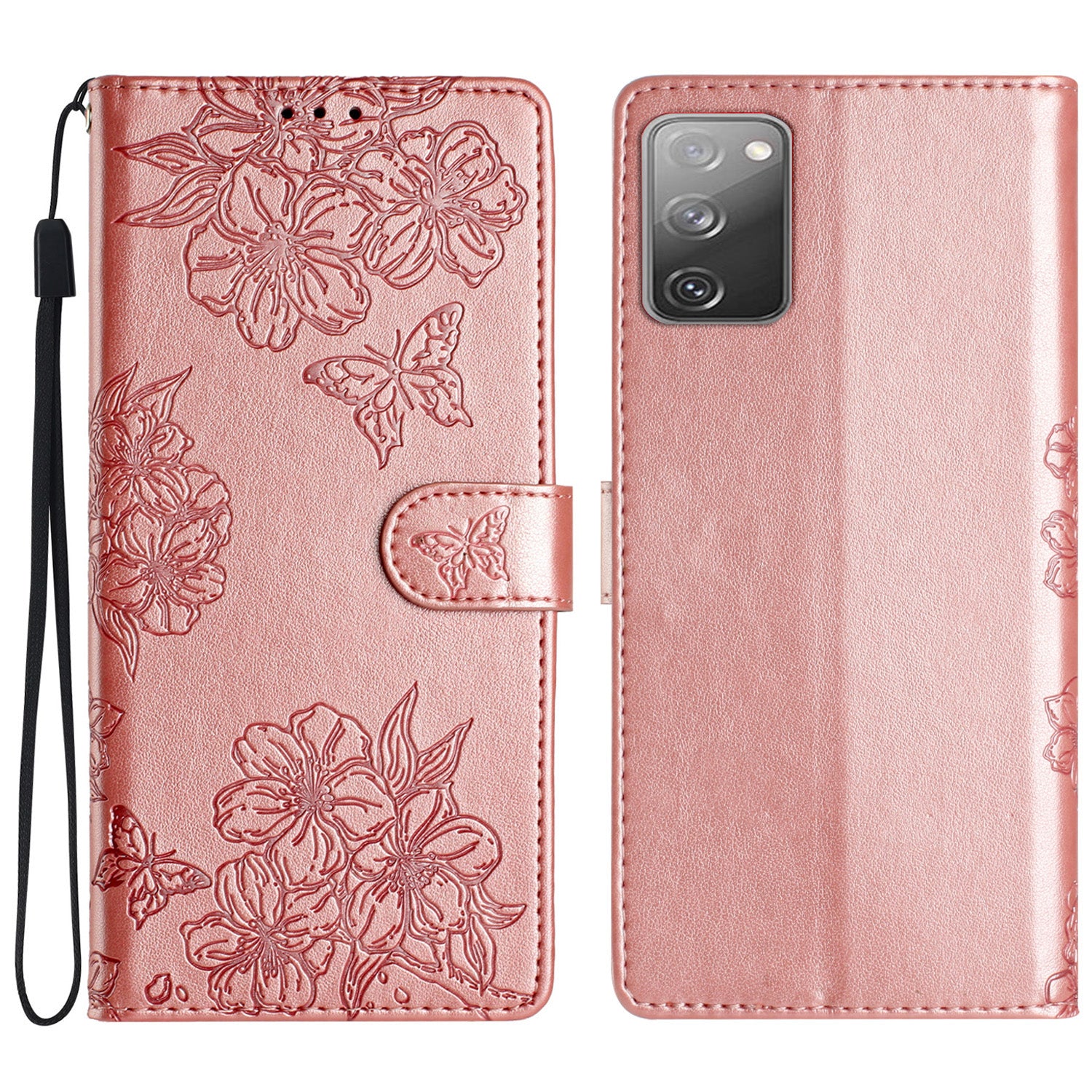 For Samsung Galaxy S20 FE / S20 FE 5G / S20 FE 2022 / S20 Lite Case Sakura Butterfly Imprint Leather Wallet Phone Cover - Rose Gold