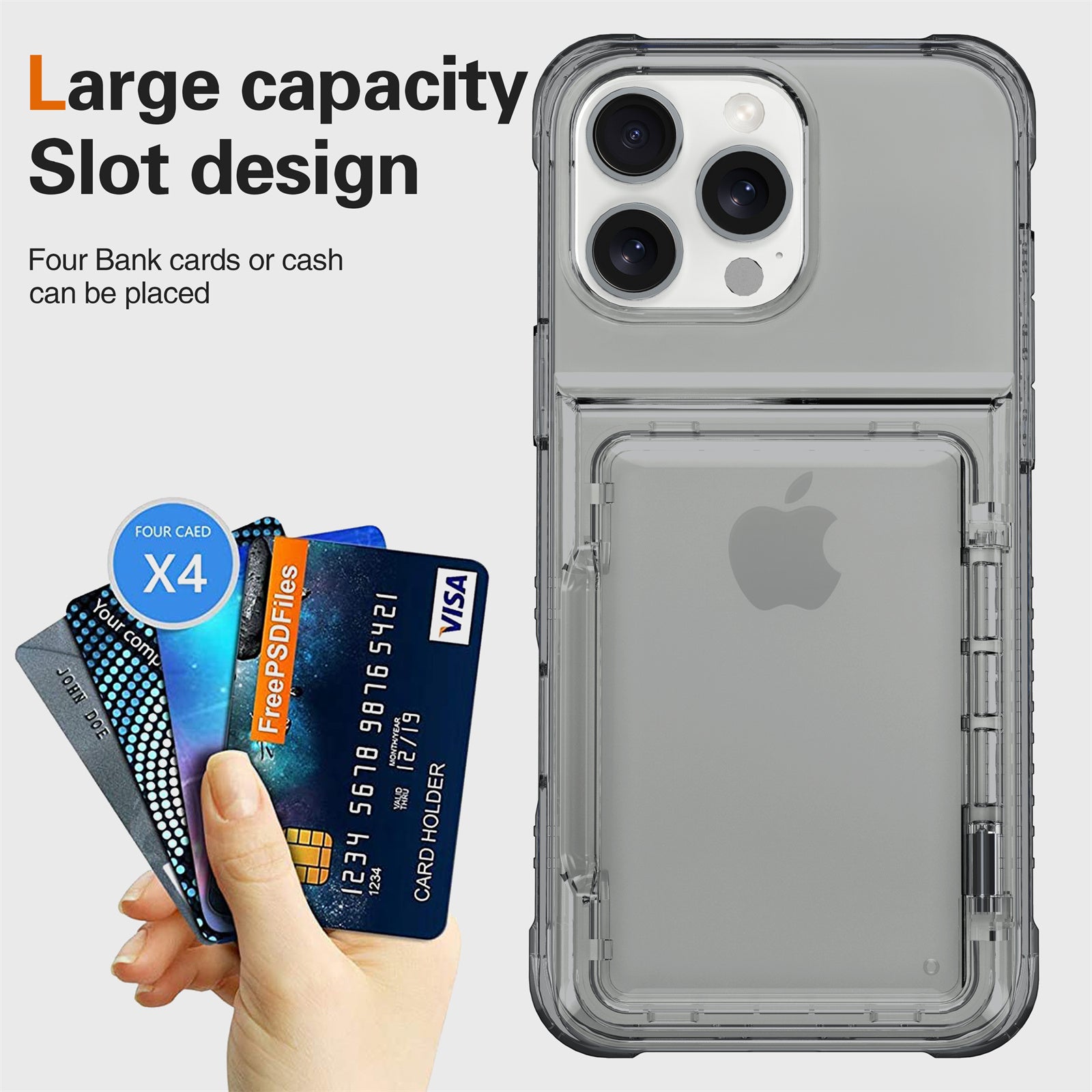 For iPhone 16 Pro Clear Case Kickstand Card Holder PC+TPU Phone Cover - Transparent Black