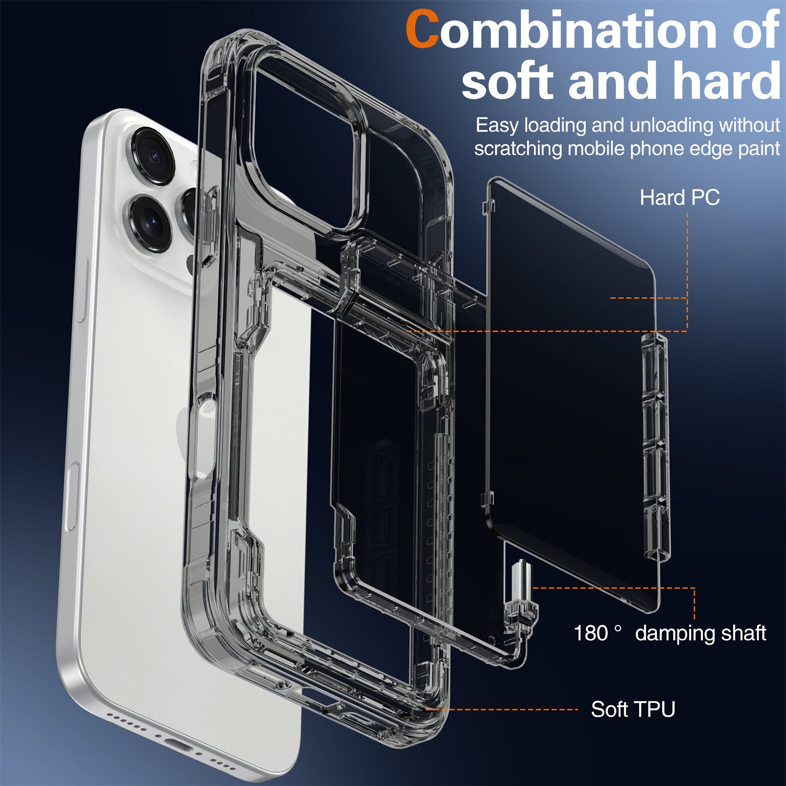 For iPhone 16 Pro Clear Case Kickstand Card Holder PC+TPU Phone Cover - Transparent Black