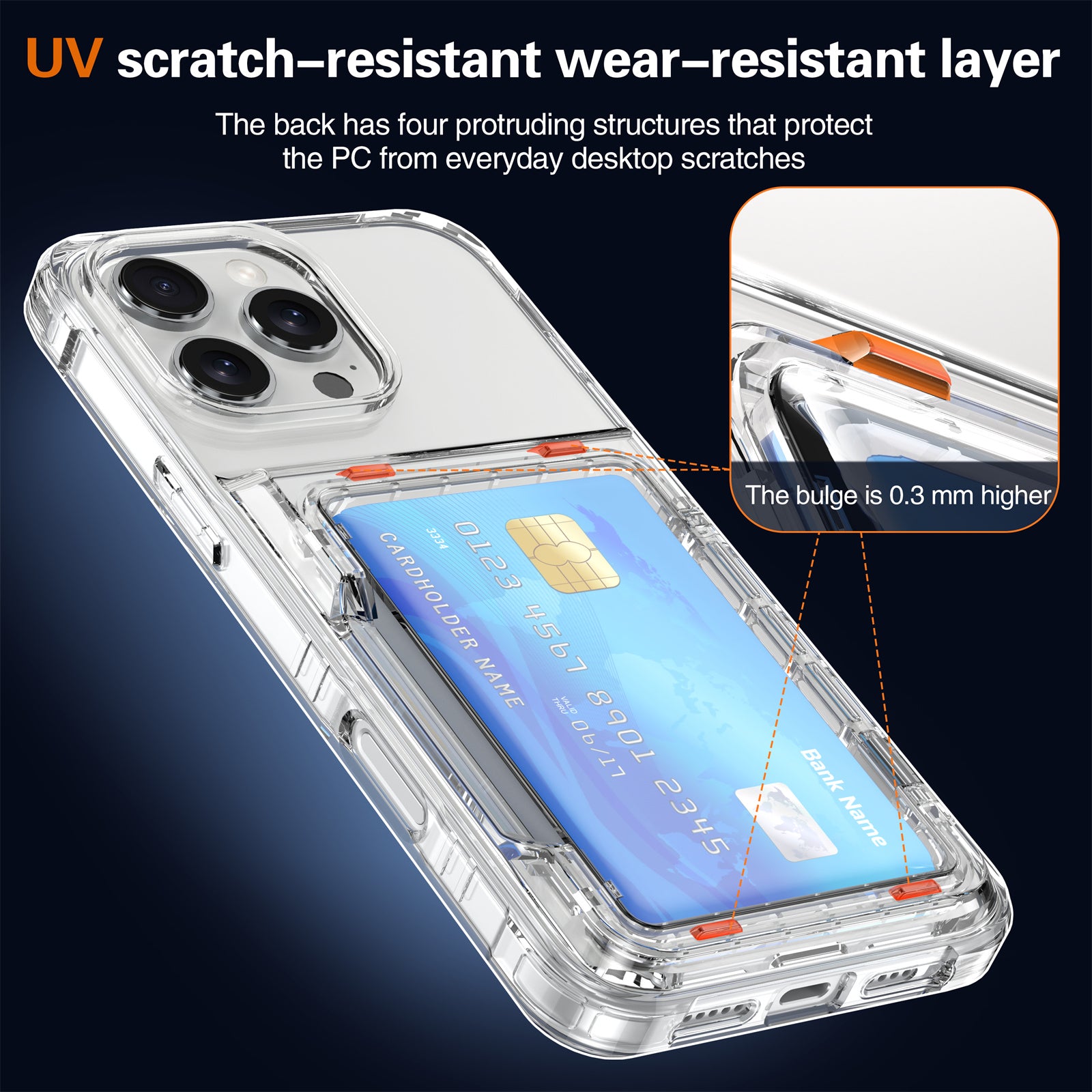 For iPhone 16 Pro Clear Case Kickstand Card Holder PC+TPU Phone Cover - Transparent Black