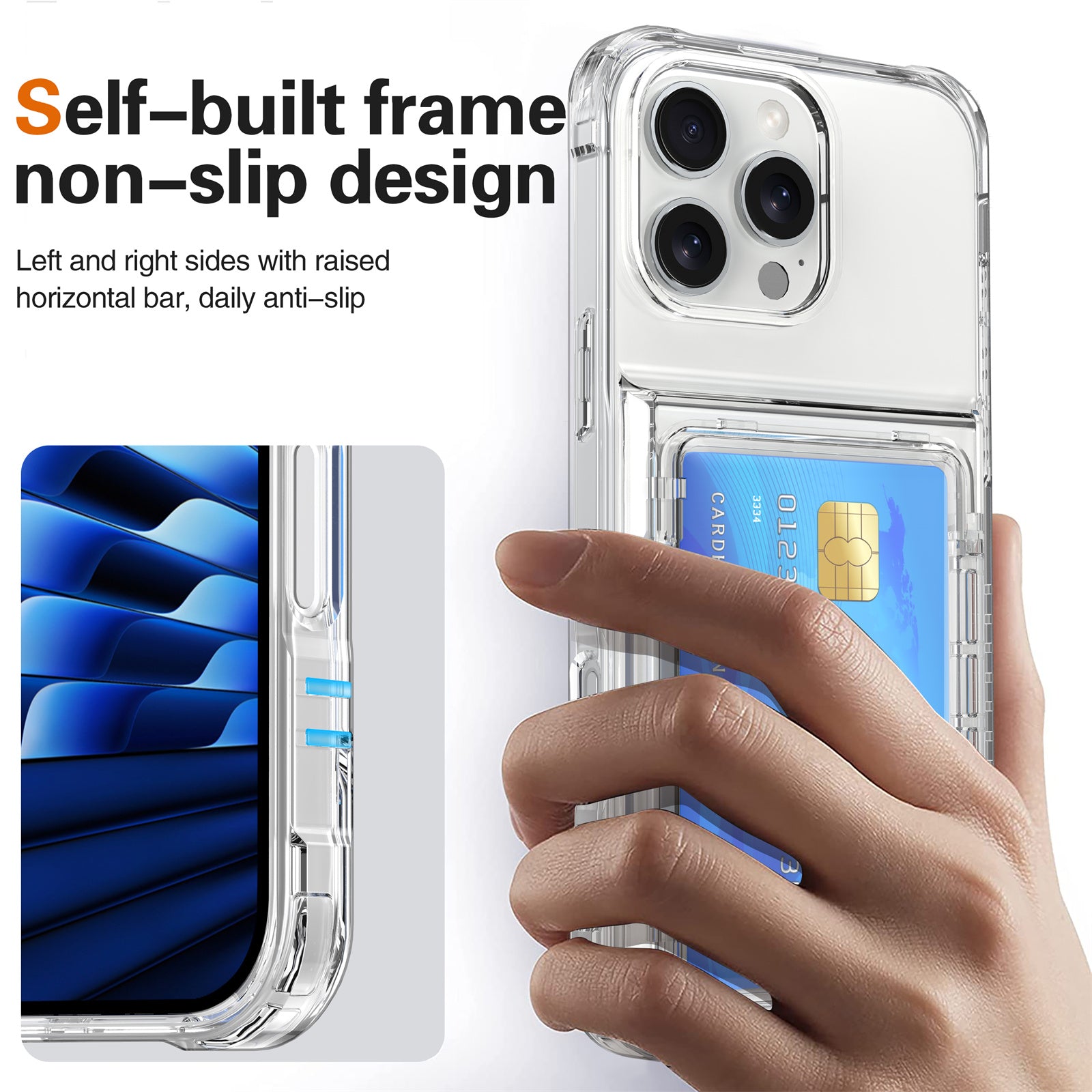 For iPhone 16 Pro Max Clear Case PC+TPU Phone Cover Card Holder Kickstand - Transparent Black