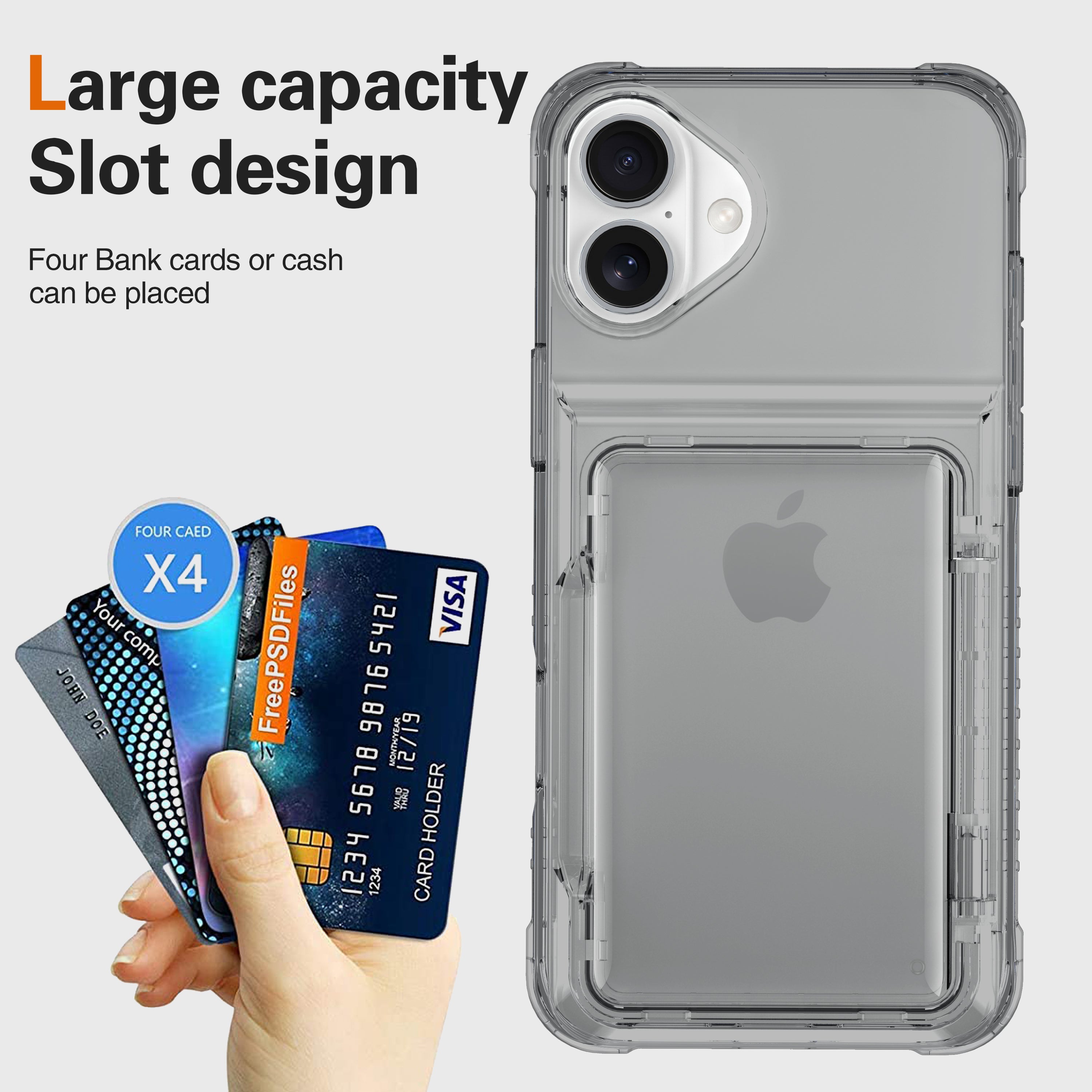 For iPhone 16 Plus Case PC+TPU Clear Phone Cover Card Holder Kickstand - Transparent Black