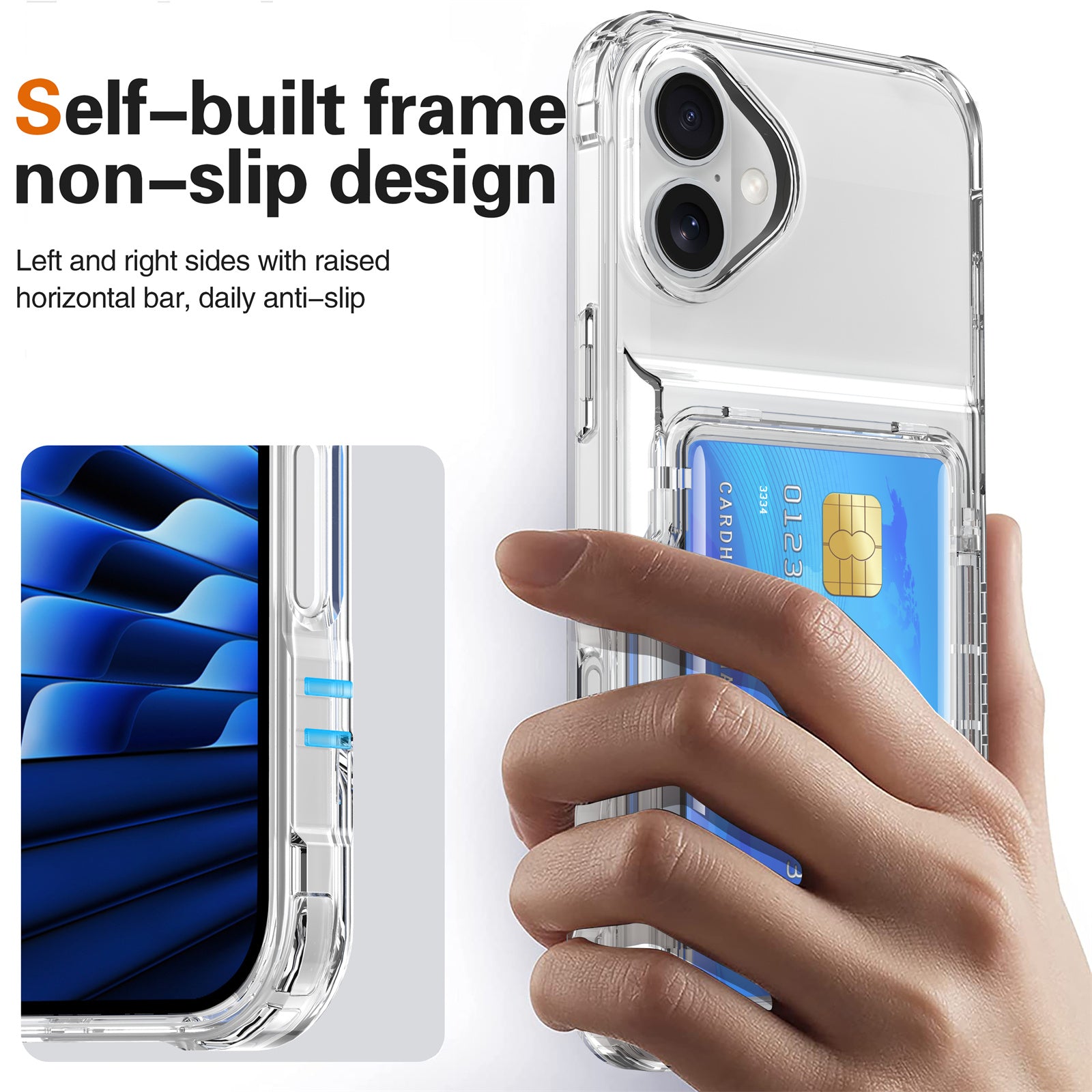 For iPhone 16 Plus Case PC+TPU Clear Phone Cover Card Holder Kickstand - Transparent Black