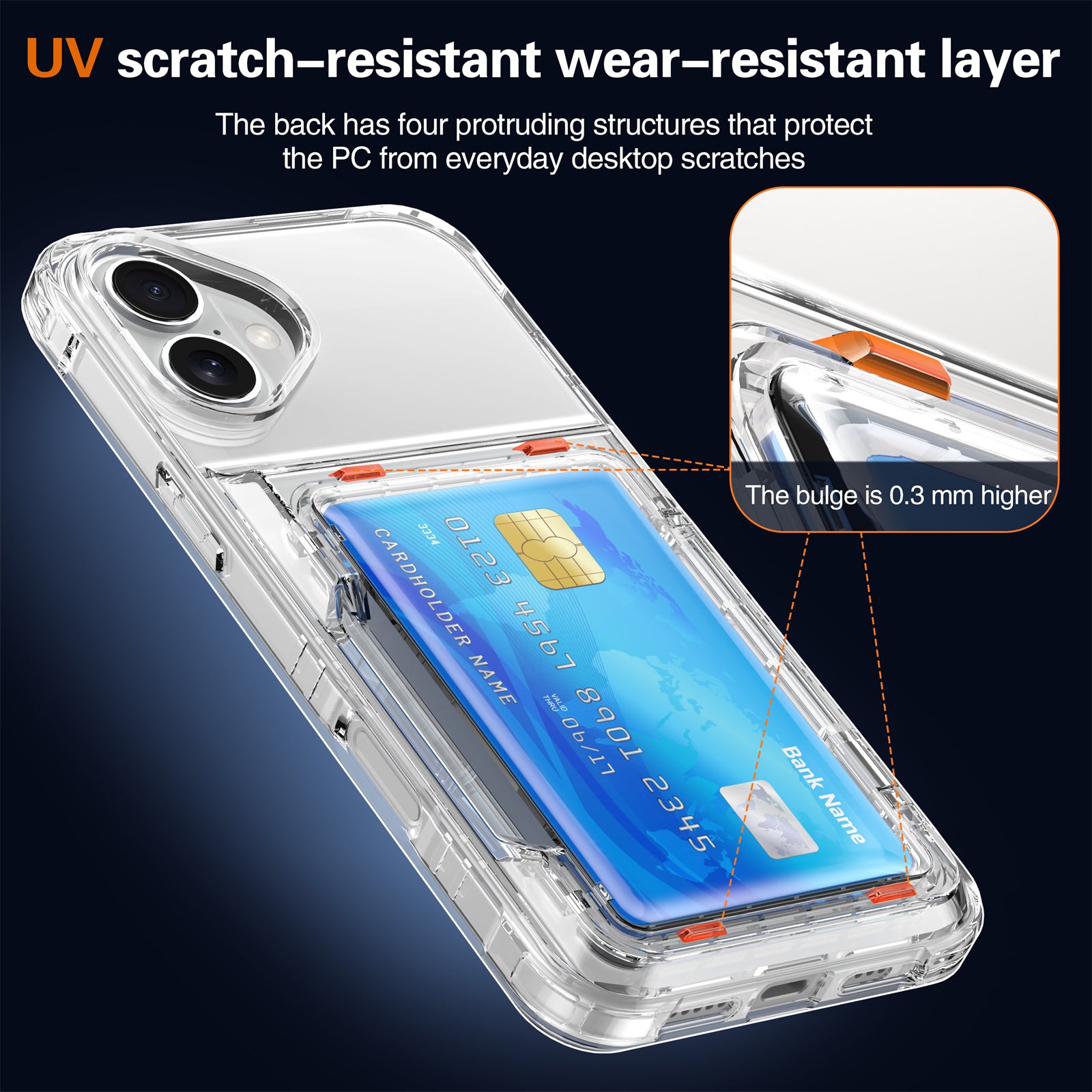 For iPhone 16 Plus Case PC+TPU Clear Phone Cover Card Holder Kickstand - Transparent Black