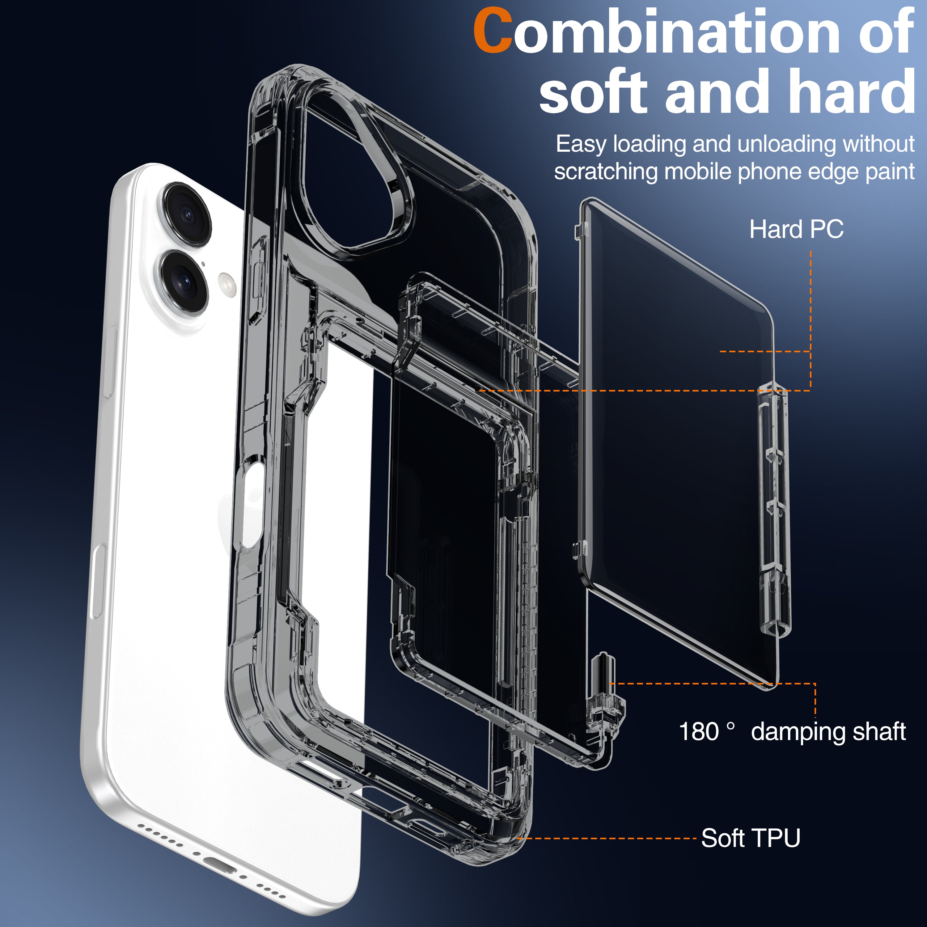 For iPhone 16 Case PC+TPU Phone Cover with Flip Kickstand Card Holder - Transparent Black