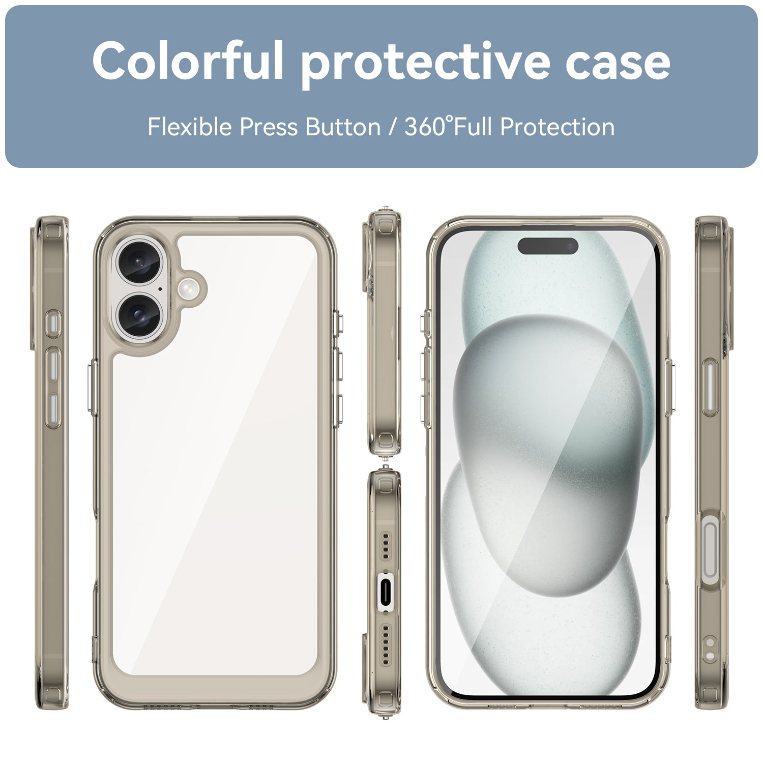 For iPhone 16 Case TPU+Acrylic Phone Cover Anti-Scratch Protective - Transparent Grey