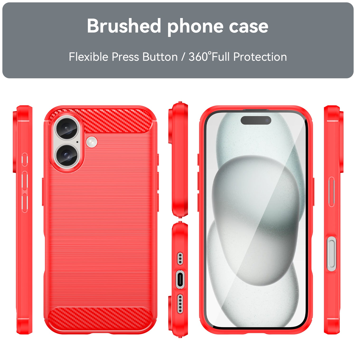 For iPhone 16 Case Brushed Soft TPU Phone Cover Carbon Fiber Texture - Red