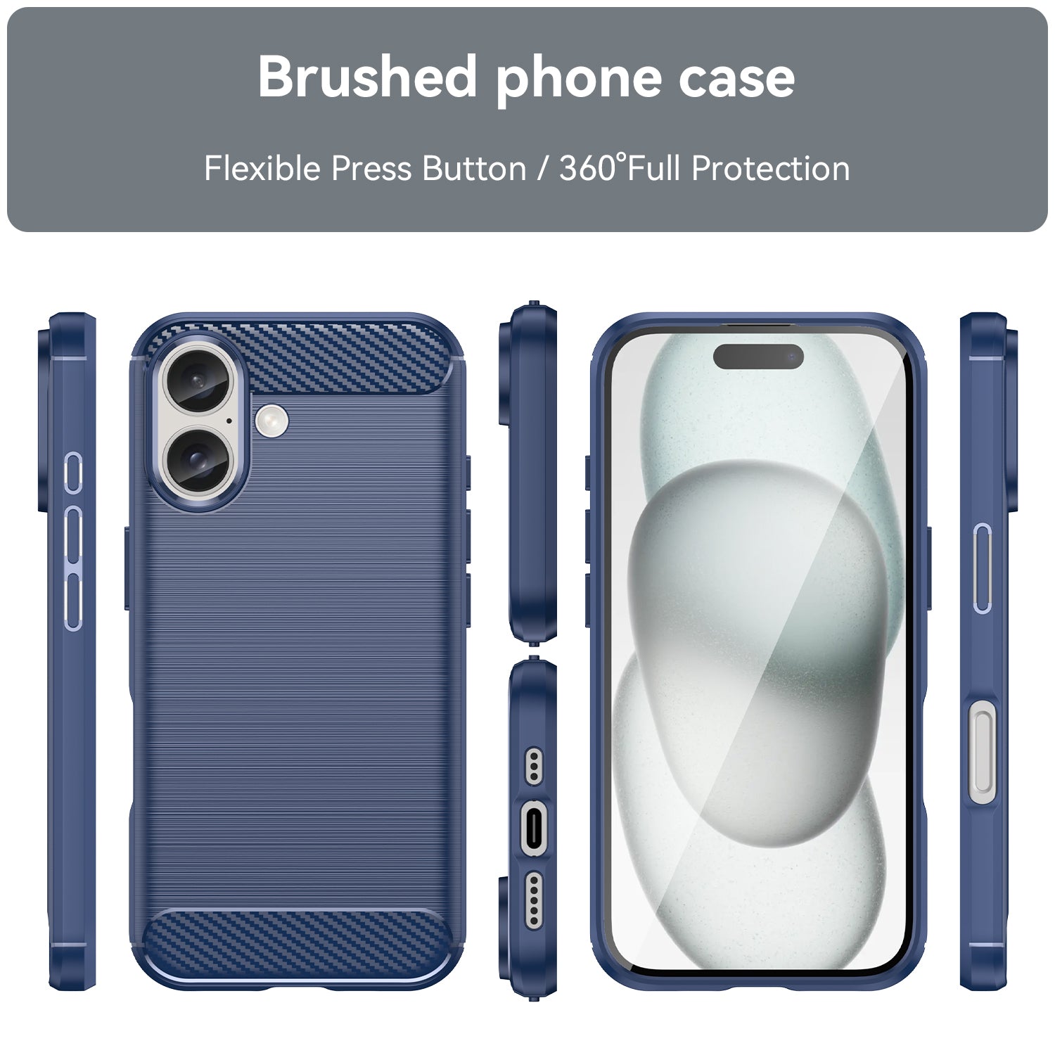 For iPhone 16 Case Brushed Soft TPU Phone Cover Carbon Fiber Texture - Blue