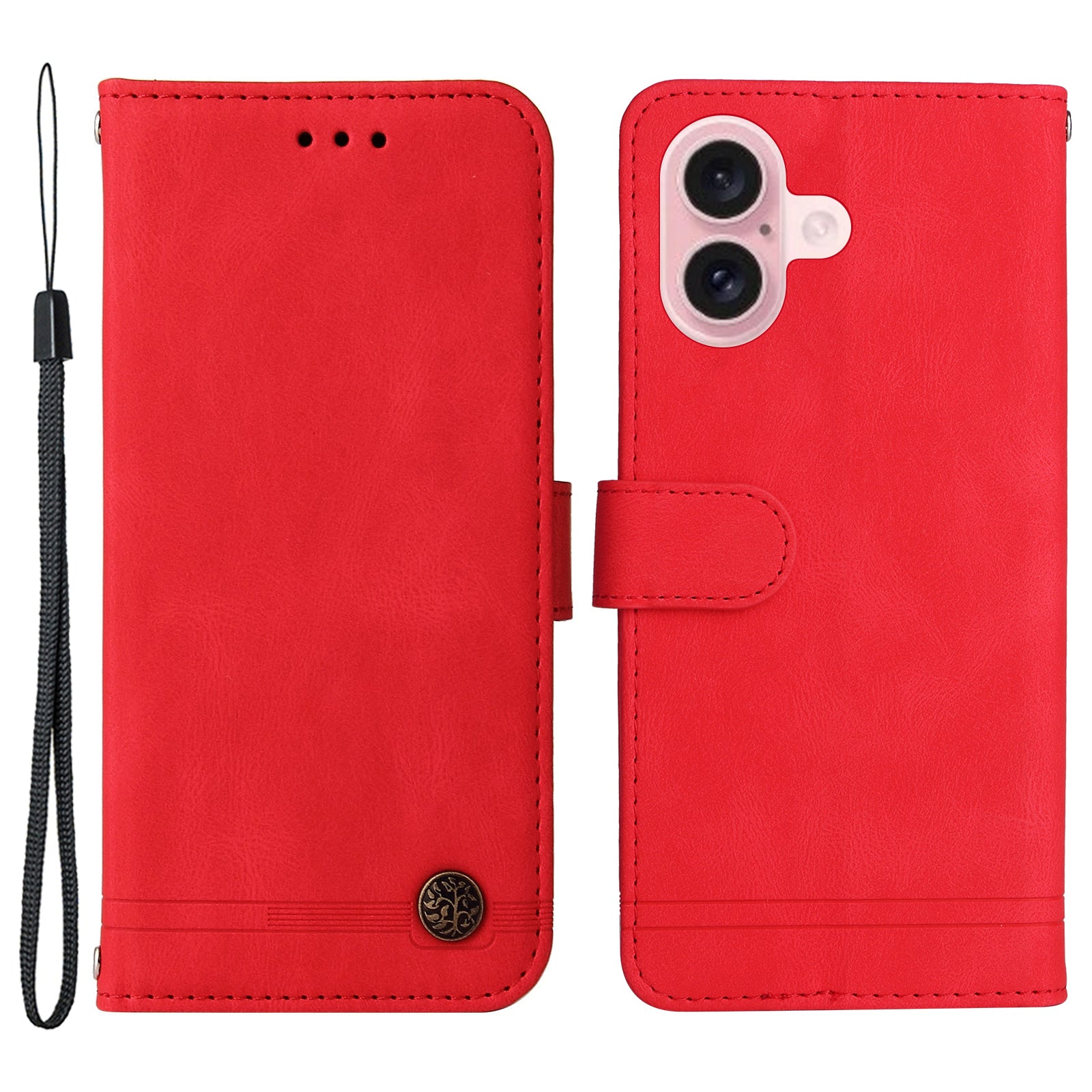 For iPhone 16 Case Wallet Leather Phone Cover Tree Hardware Decor - Red