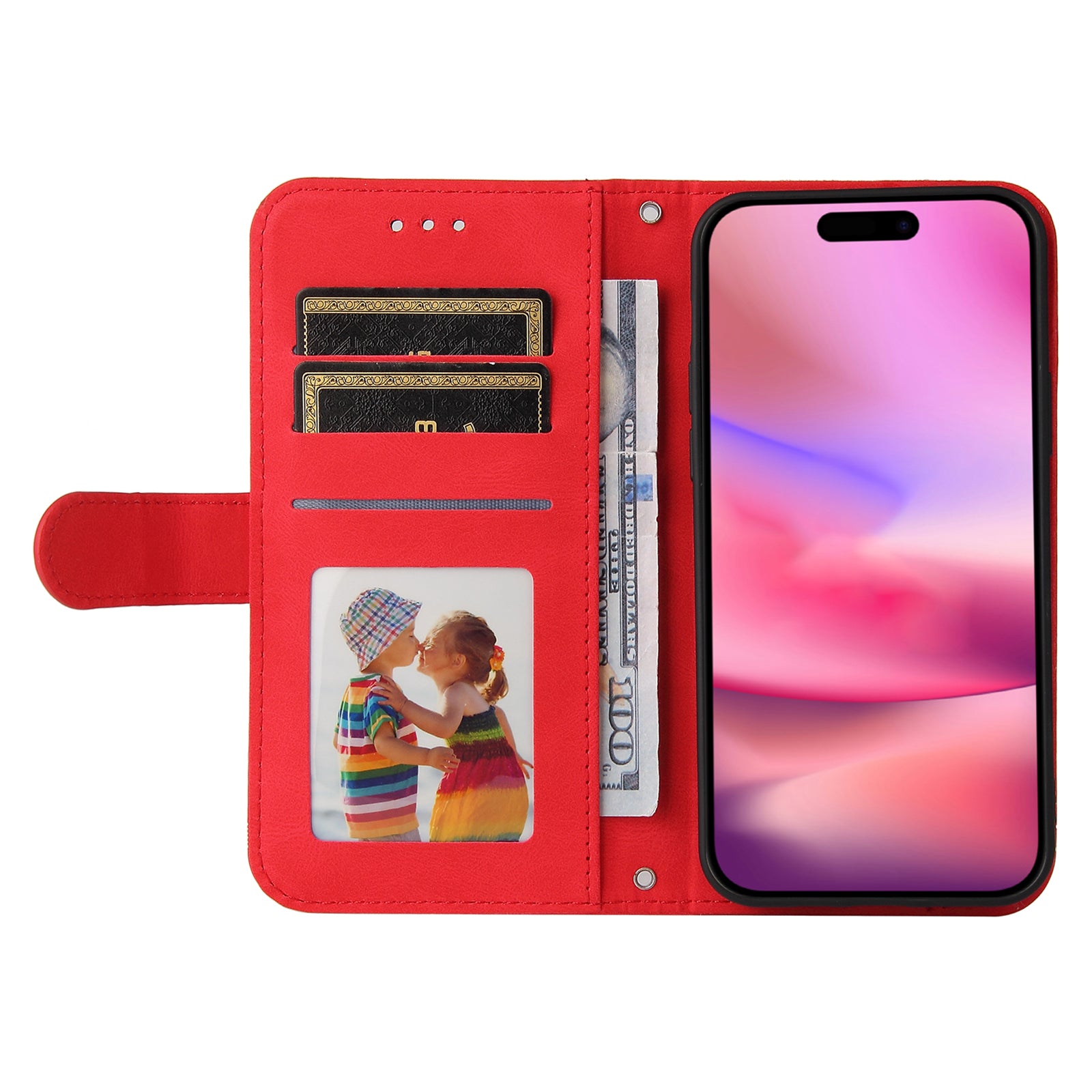 For iPhone 16 Case Wallet Leather Phone Cover Tree Hardware Decor - Red