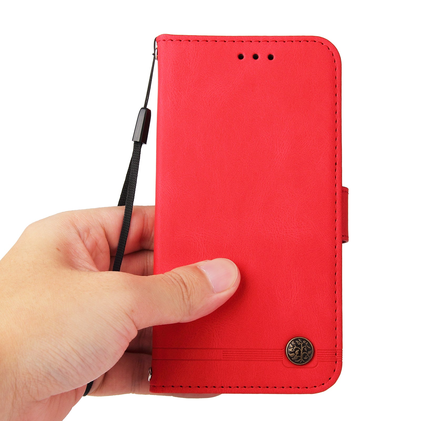 For iPhone 16 Case Wallet Leather Phone Cover Tree Hardware Decor - Red