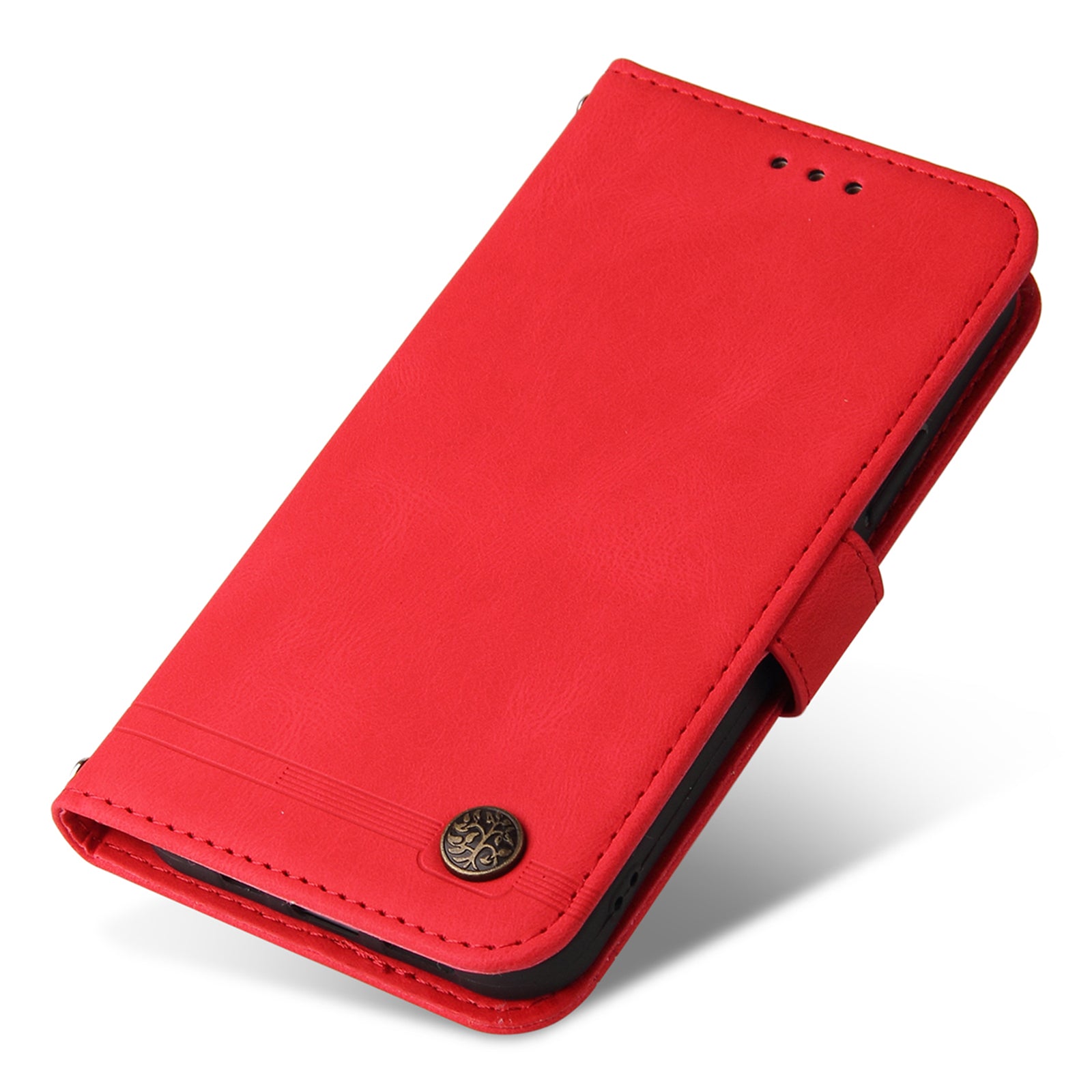 For iPhone 16 Case Wallet Leather Phone Cover Tree Hardware Decor - Red