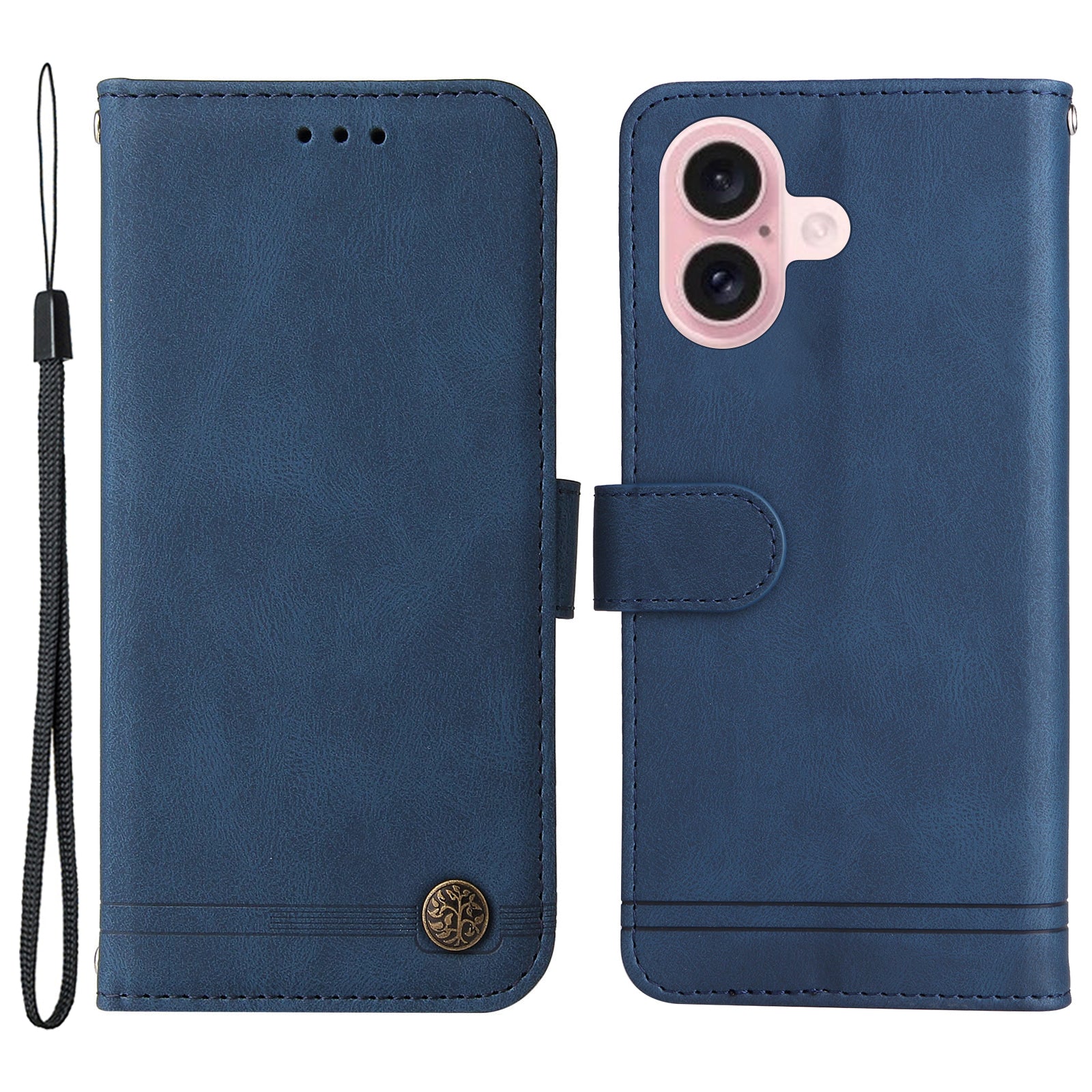 For iPhone 16 Case Wallet Leather Phone Cover Tree Hardware Decor - Blue