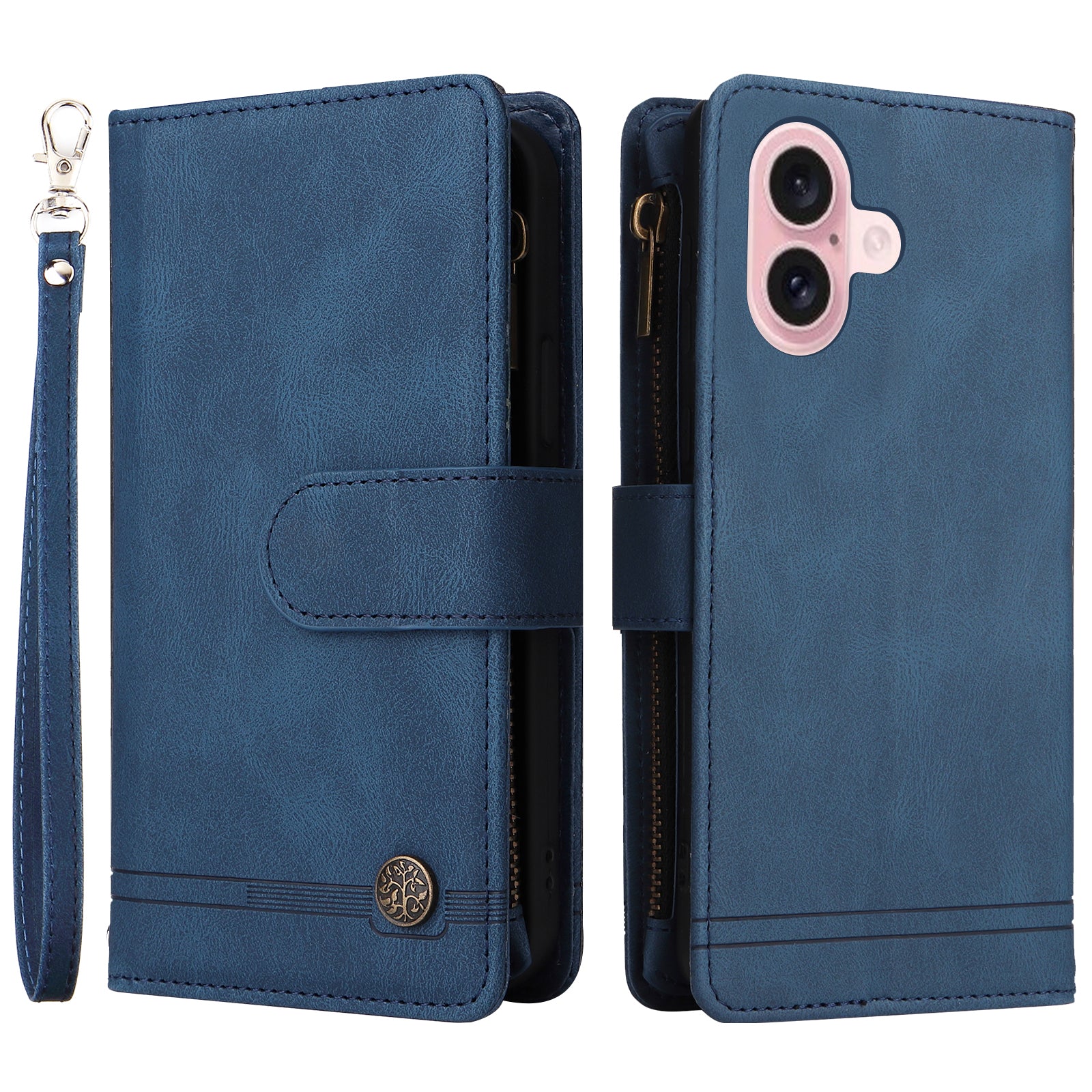 For iPhone 16 Leather Case Zipper Pocket Protective Phone Cover - Blue