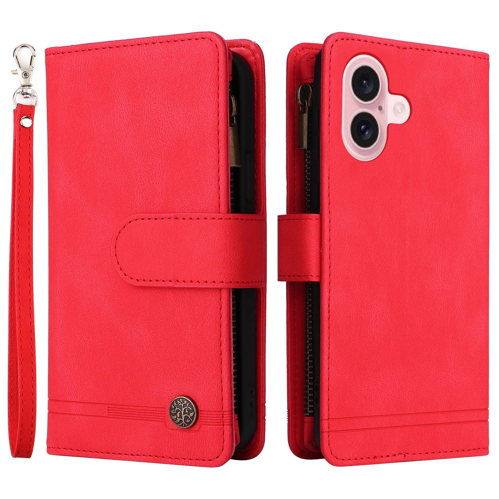 For iPhone 16 Leather Case Zipper Pocket Protective Phone Cover - Red