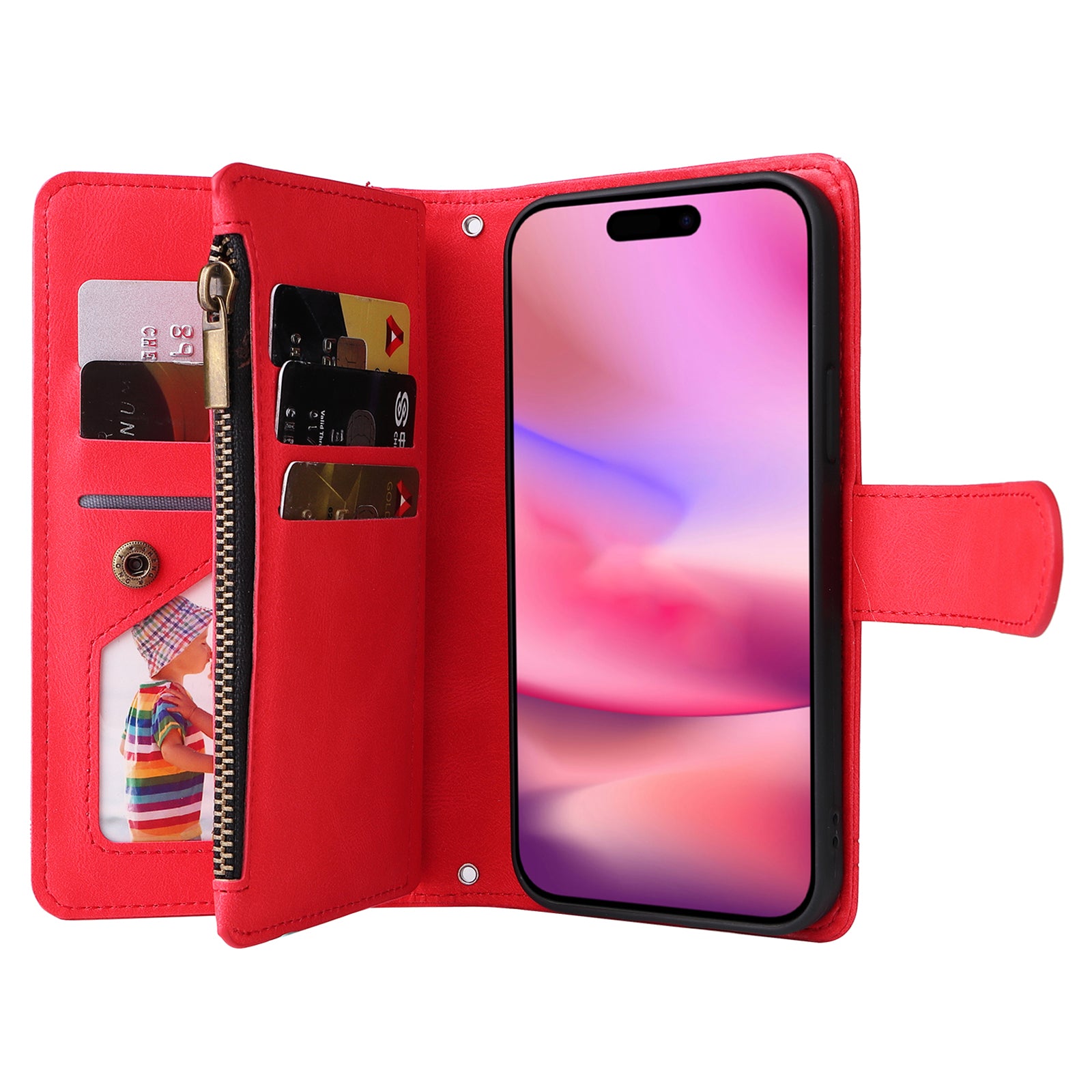 For iPhone 16 Leather Case Zipper Pocket Protective Phone Cover - Red