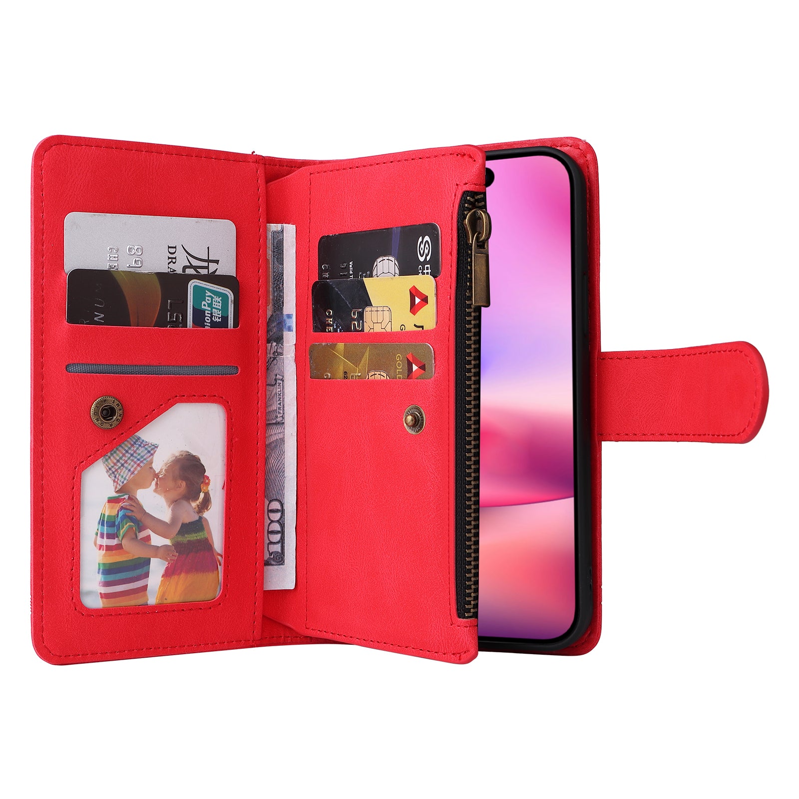 For iPhone 16 Leather Case Zipper Pocket Protective Phone Cover - Red