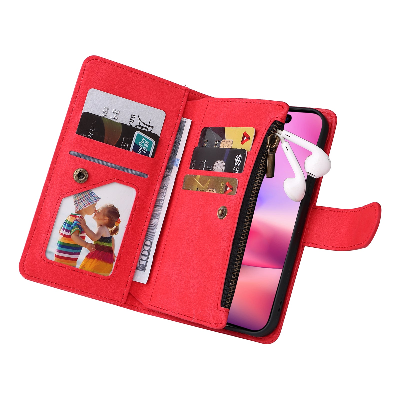 For iPhone 16 Leather Case Zipper Pocket Protective Phone Cover - Red