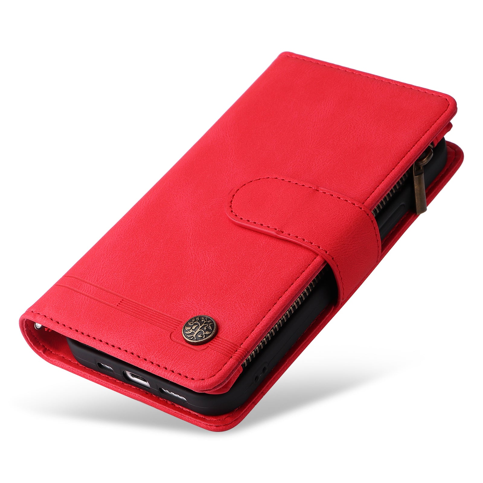 For iPhone 16 Leather Case Zipper Pocket Protective Phone Cover - Red