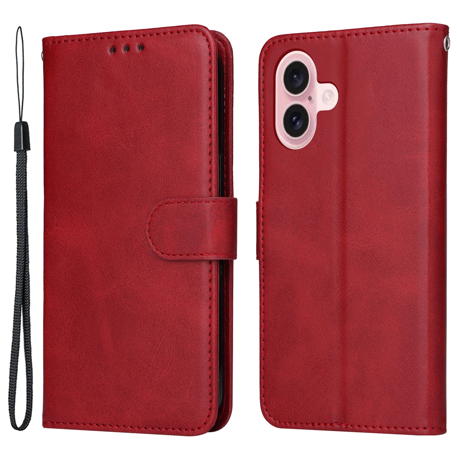 For iPhone 16 Case PU Leather Stand Phone Cover  with 3 Card Slots Wallet - Red