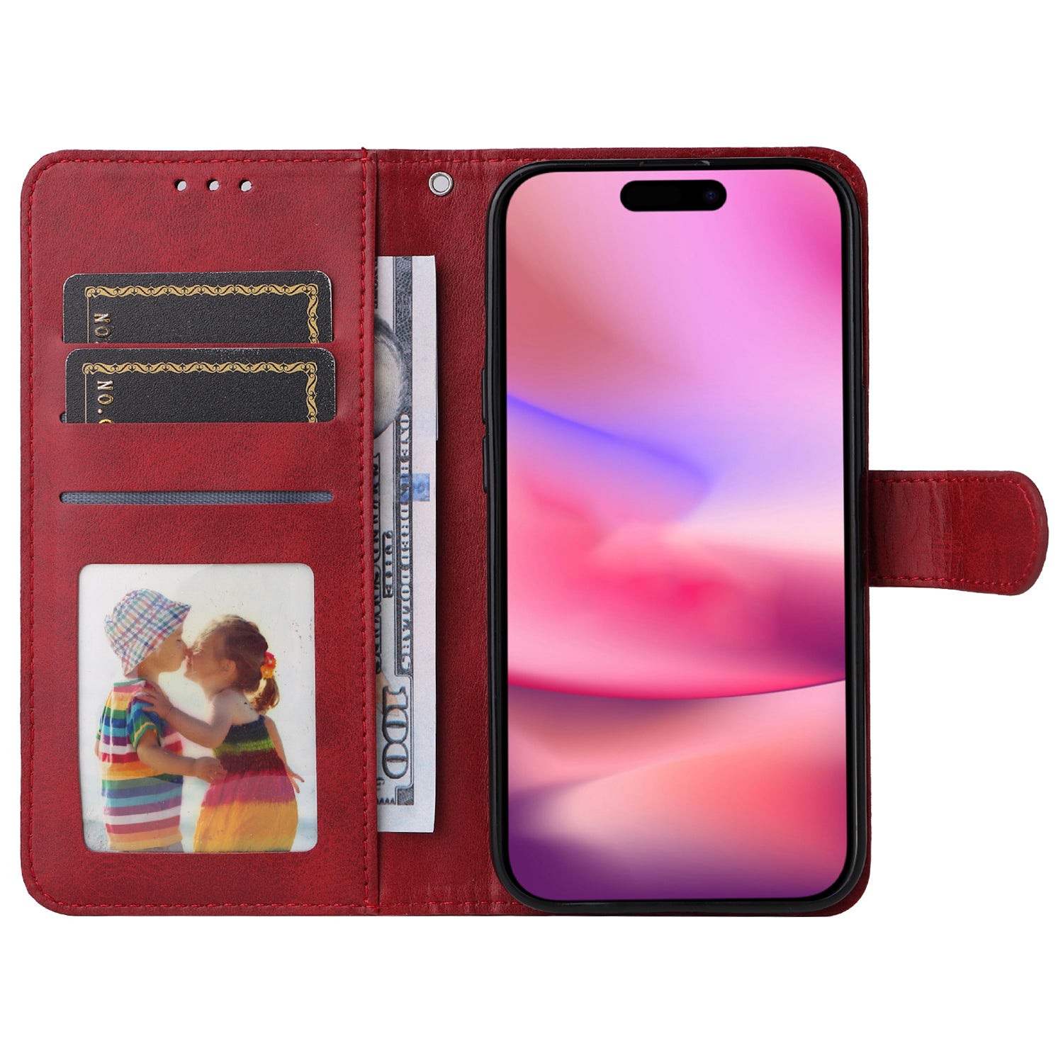 For iPhone 16 Case PU Leather Stand Phone Cover  with 3 Card Slots Wallet - Red