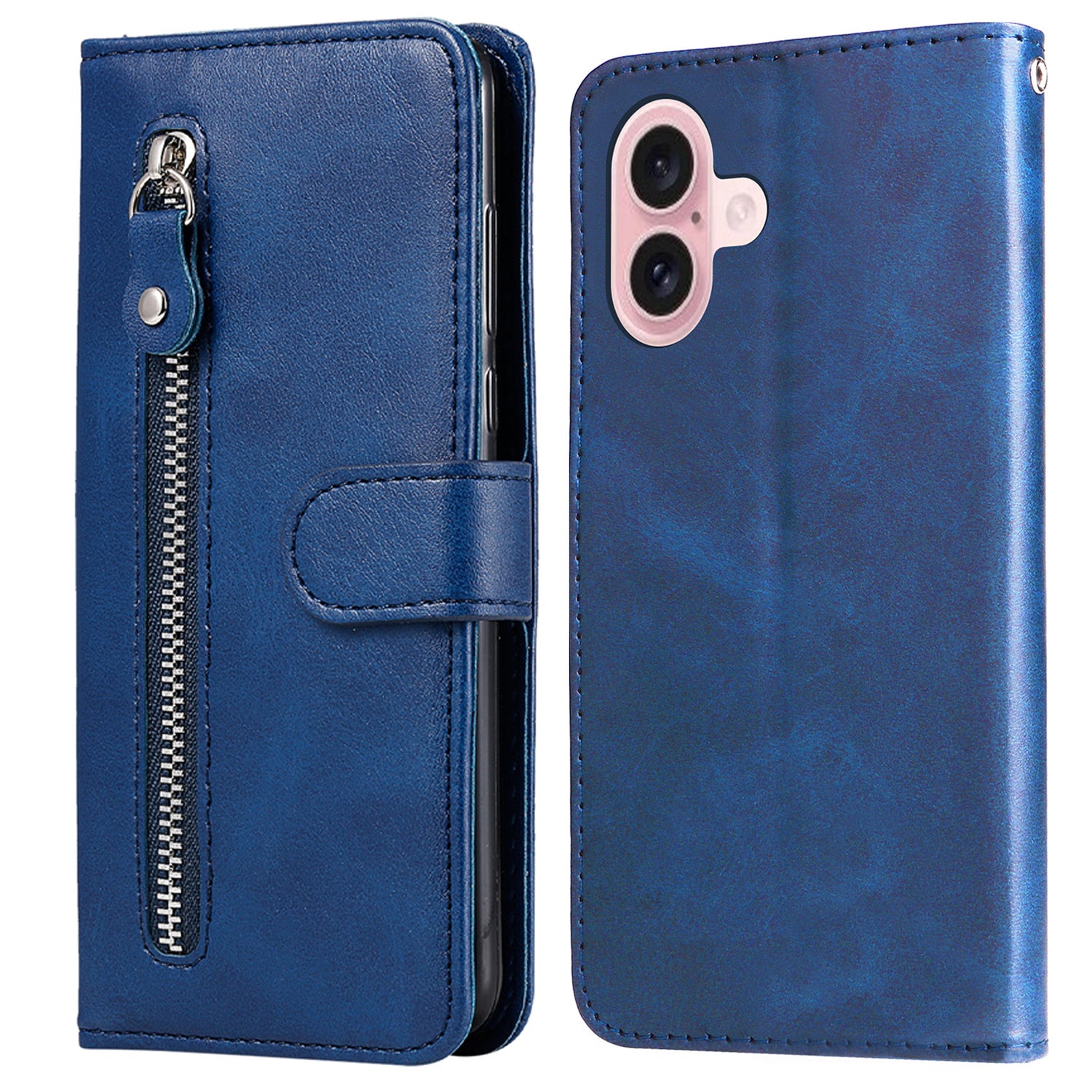 For iPhone 16 Case Zipper Pocket Wallet Shockproof PU Leather Phone Cover - Blue