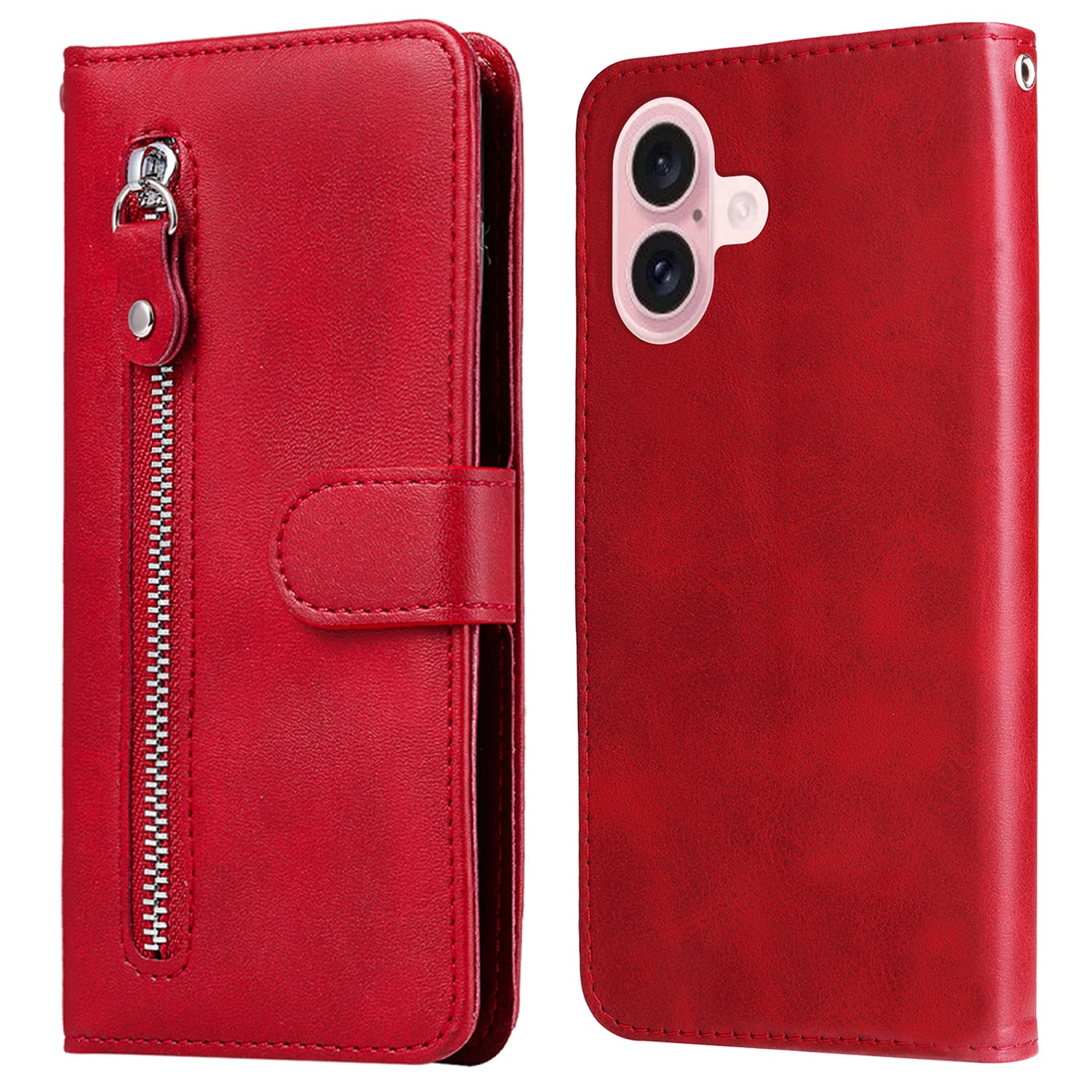 For iPhone 16 Case Zipper Pocket Wallet Shockproof PU Leather Phone Cover - Red