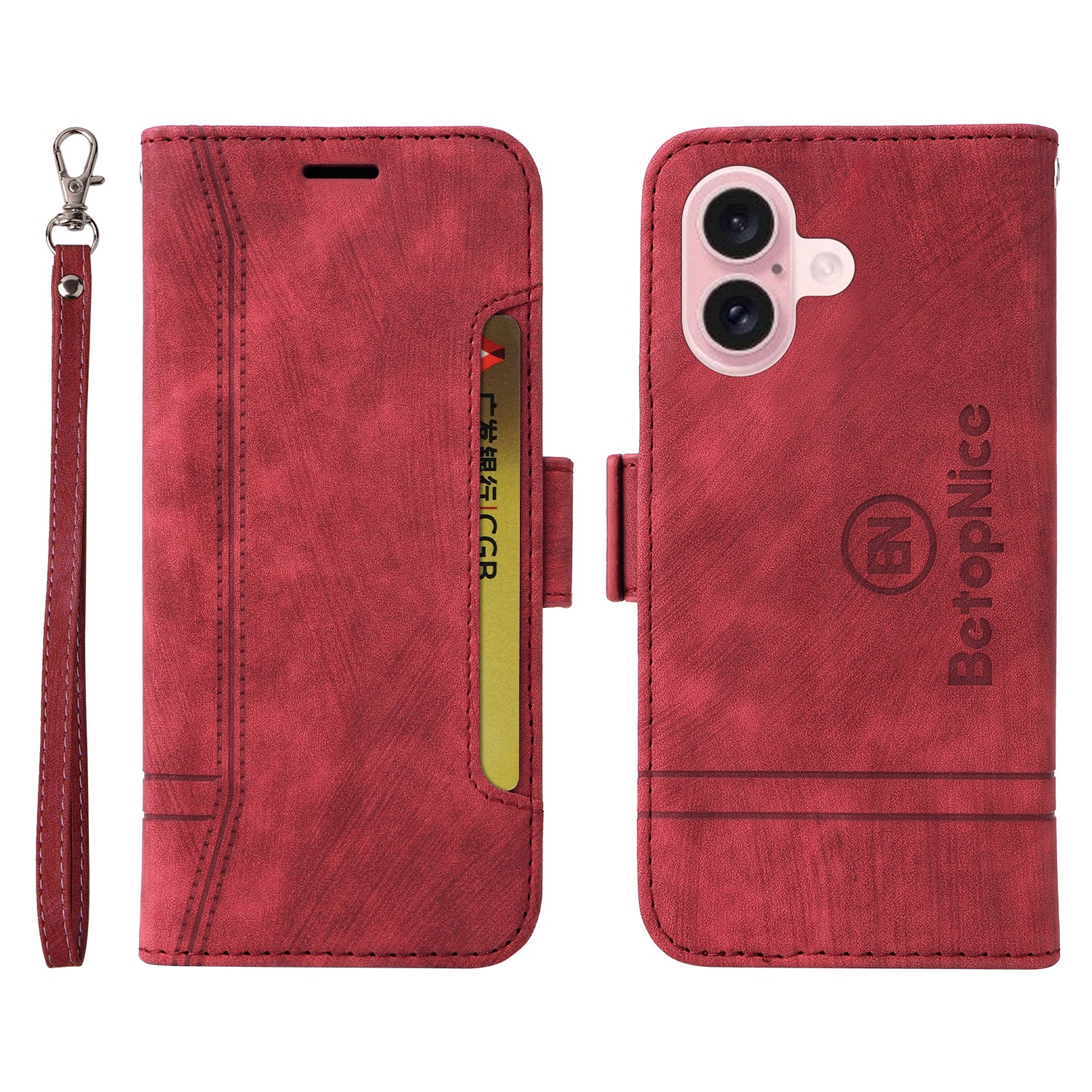 BETOPNICE 001 for iPhone 16 Case Leather Phone Cover Handbag Flip Stand Protective - Red