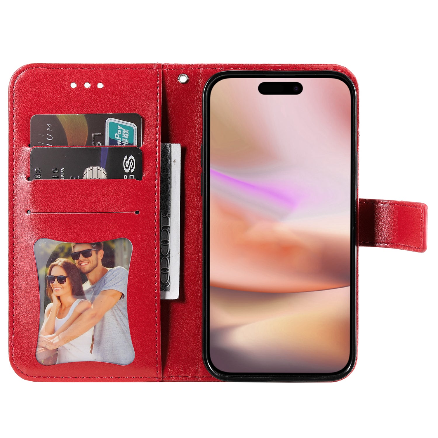 For iPhone 16 Case Flower Imprinted PU Leather Wallet Shockproof Phone Cover - Red